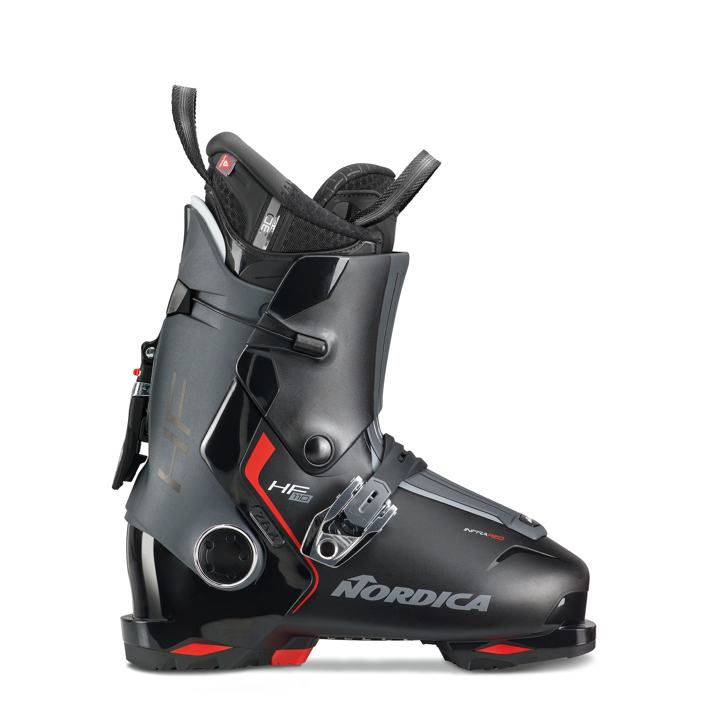 Black with red accents men's Nordica HF 110 ski boot with one lower buckle and one upper buckle.
