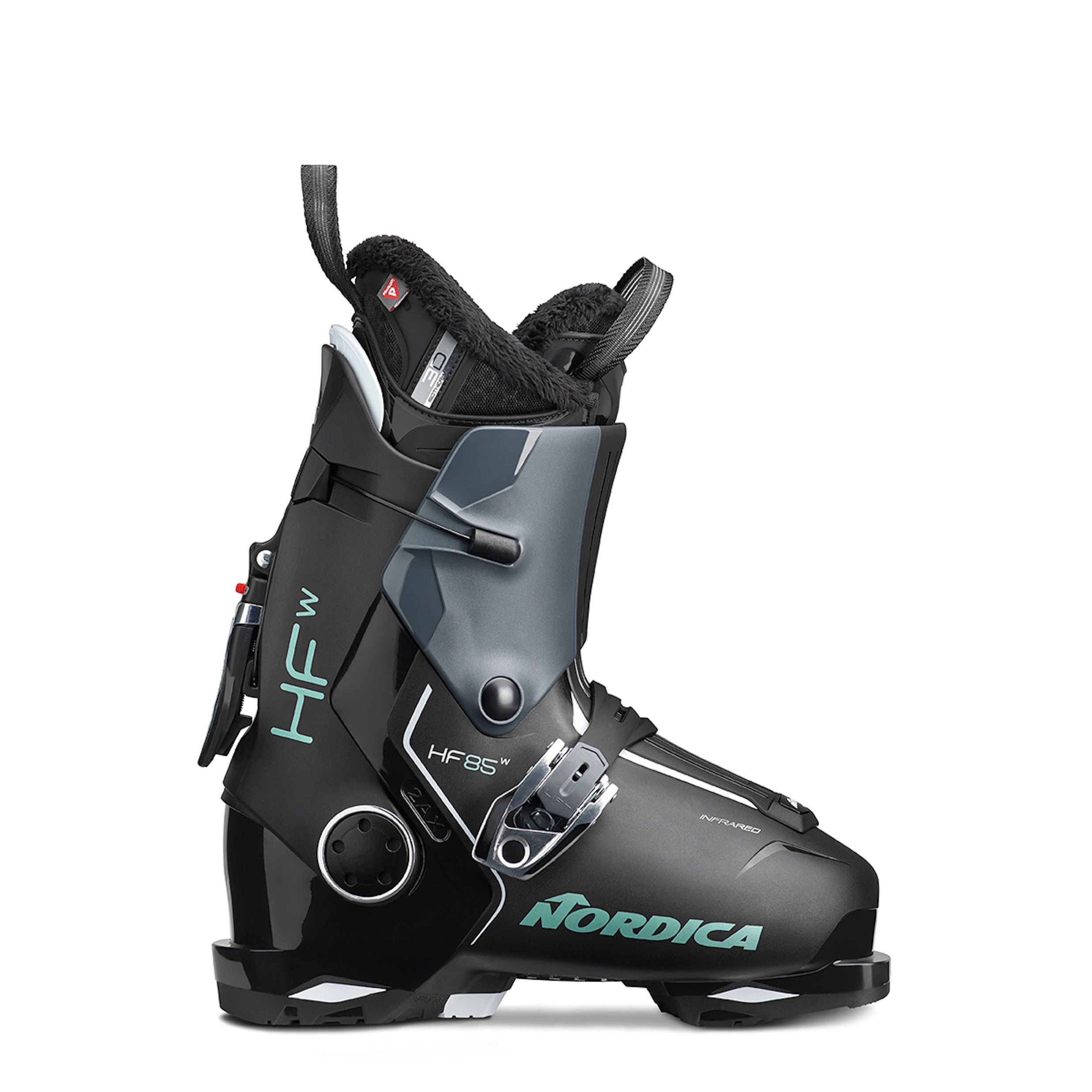 Women's Nordica HF 85, black ski boot with grey upper cuff and two buckles, one upper and one lower.