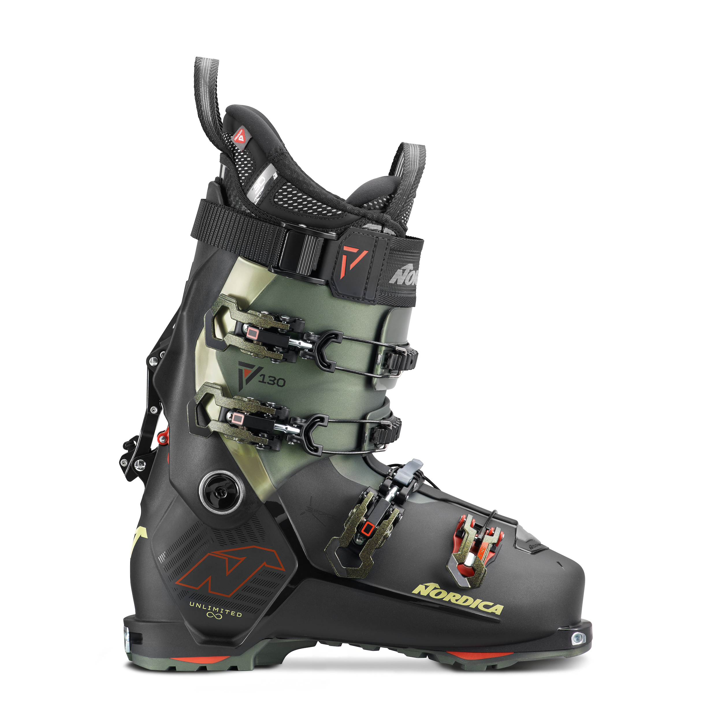 Men's Nordica Unlimited 130 DYN ski boot, 2 shades of green and black with red accents. Shimmery green on buckles.