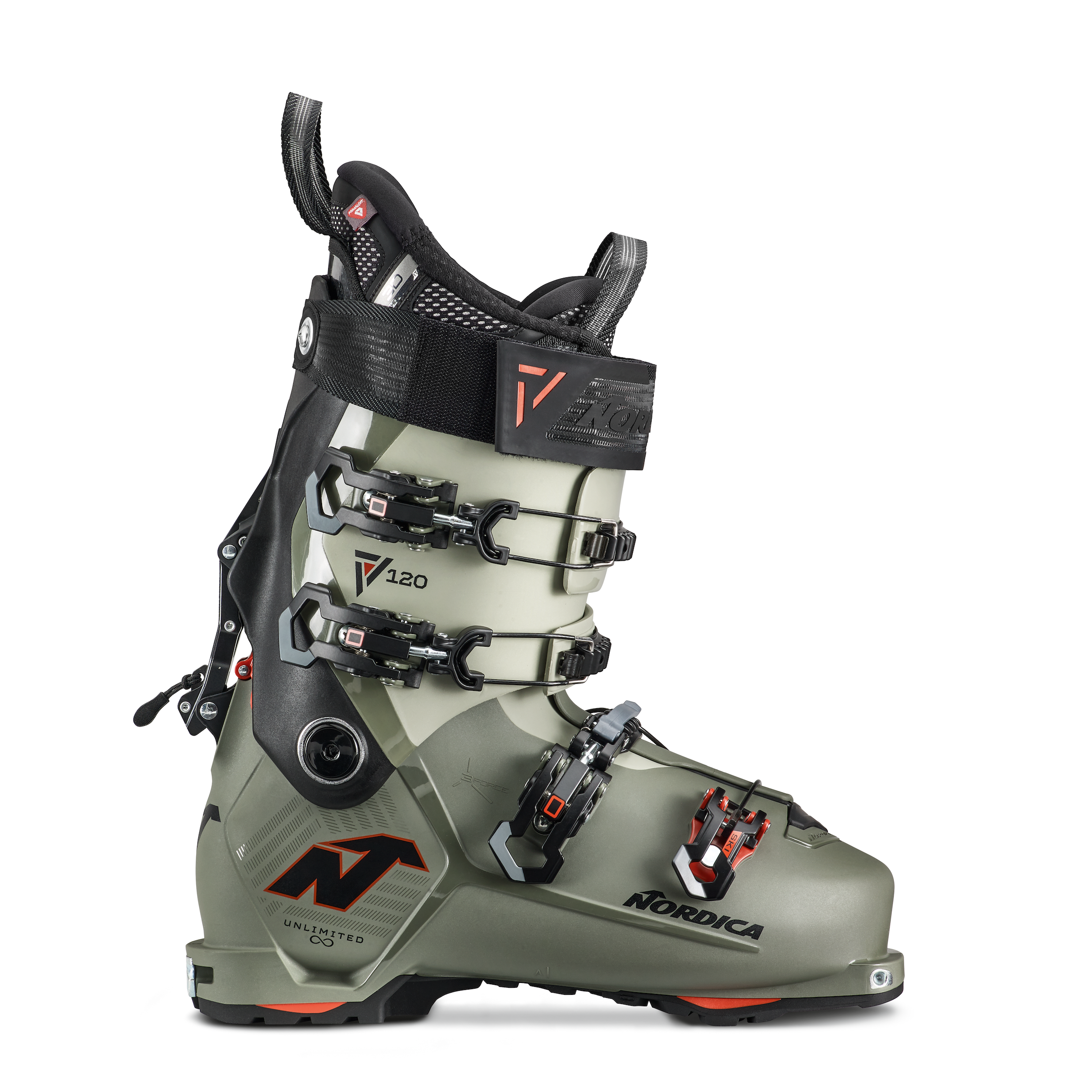 Men's Nordica Unlimited 120 DYN alpine touring ski boot in green, black and red with 4 buckles.