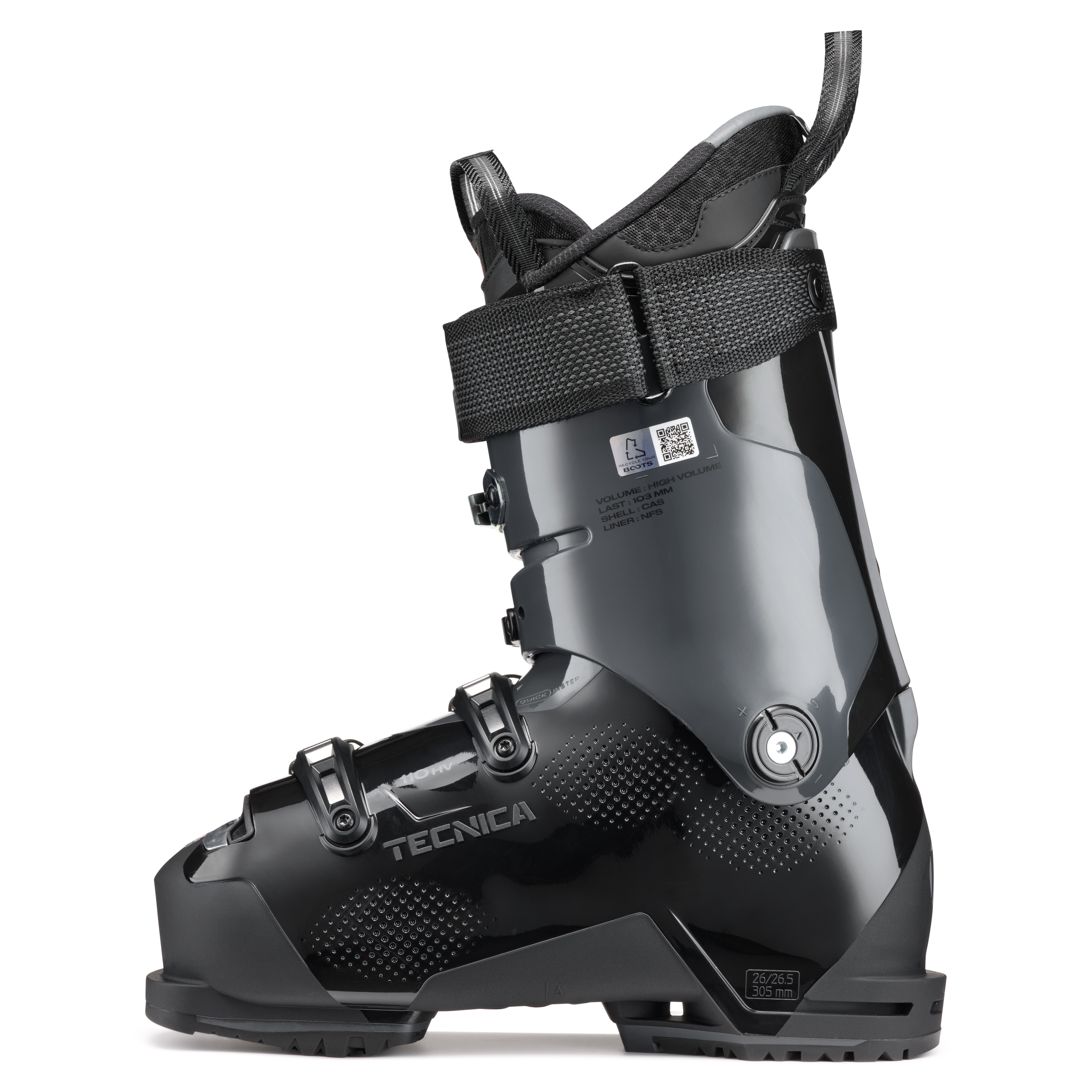 Medial side of a black Tecnica ski boot on a white background