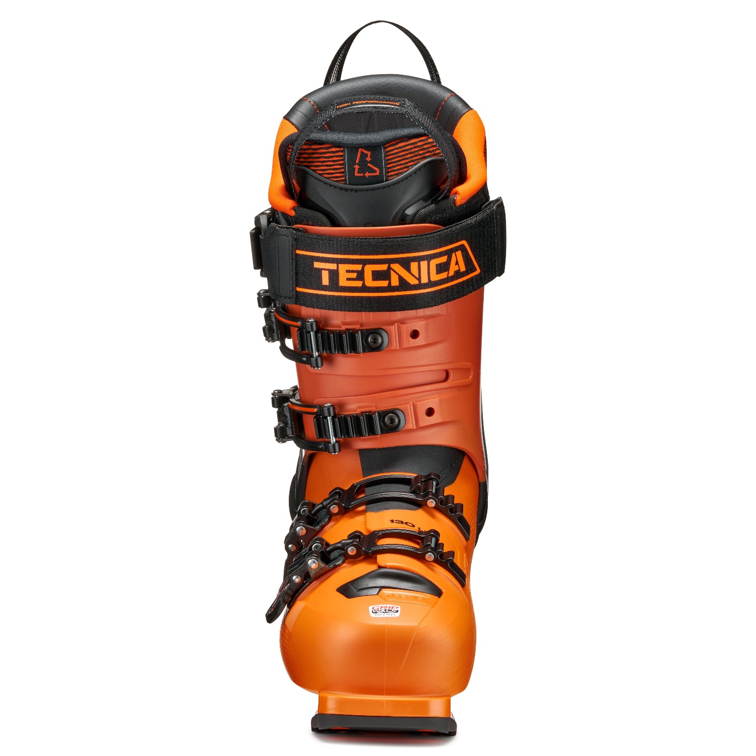 Front view of a Tenica Mach1 orange ski boot with black accents on a white background.