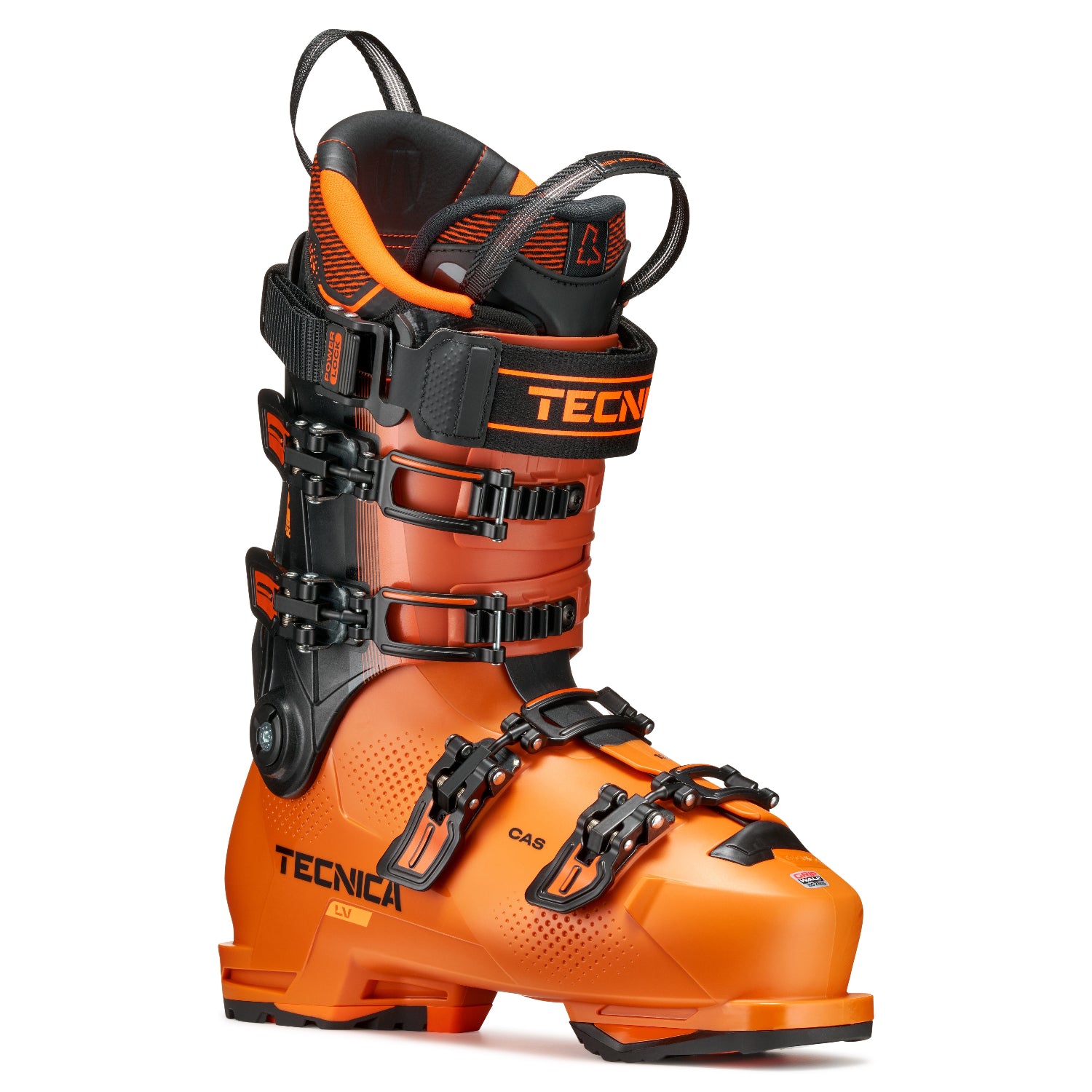 Brand new orange and black Tecnica ski boot on a white background.