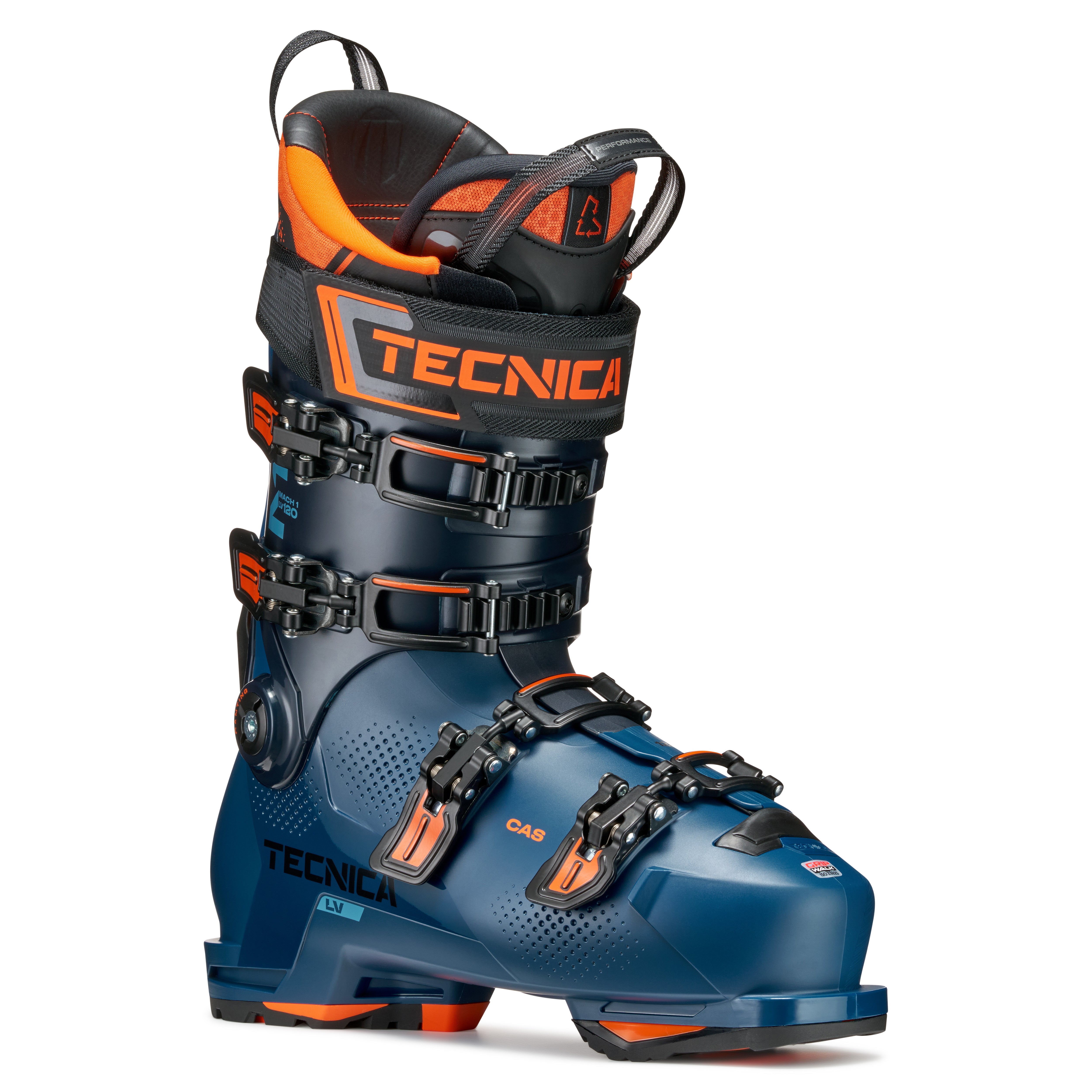 Blue and orange Tecnica ski boot on a white background.