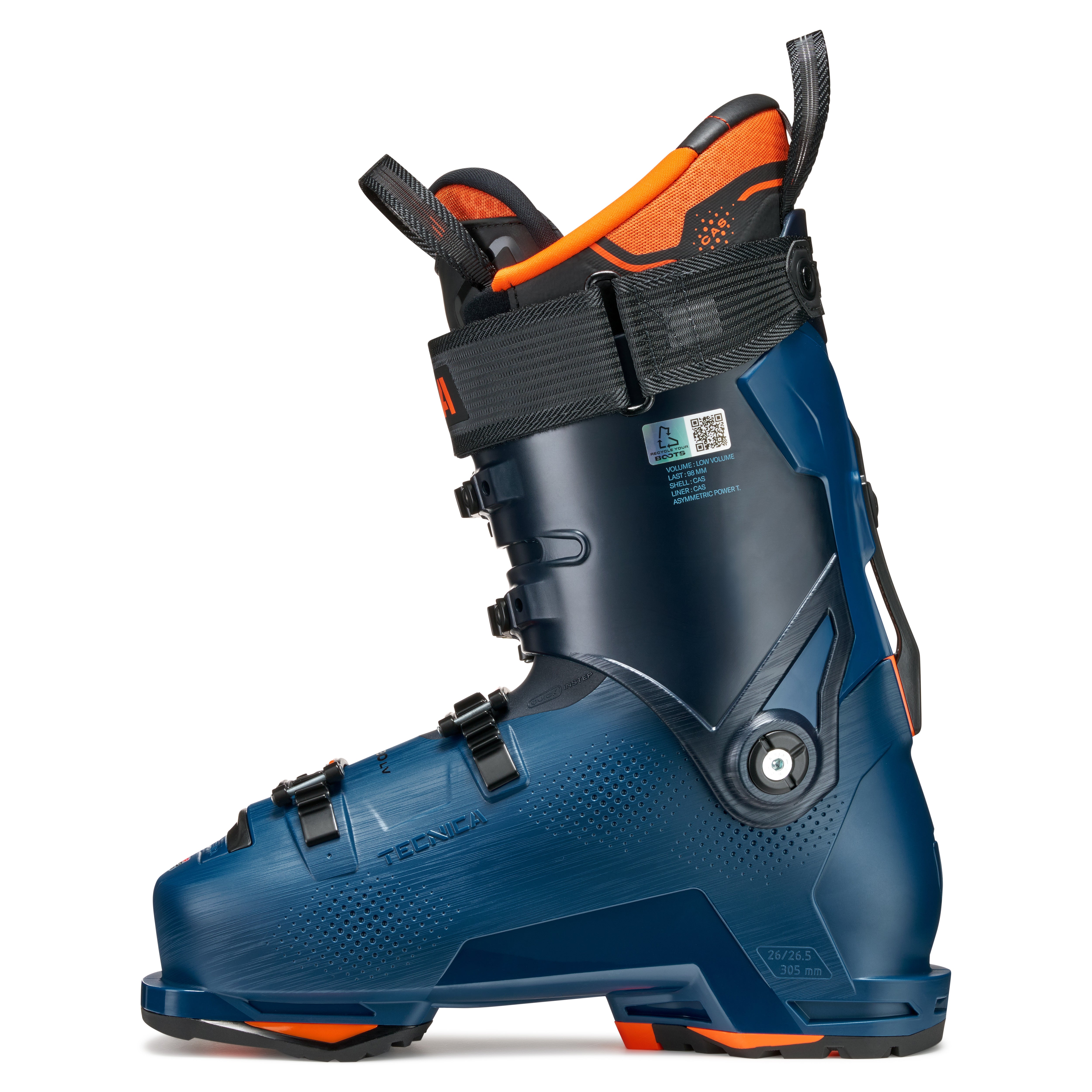 The medial side of this Tecnica ski boot has lots of dimples that help the boot fitter determine where to expand the ski boot.