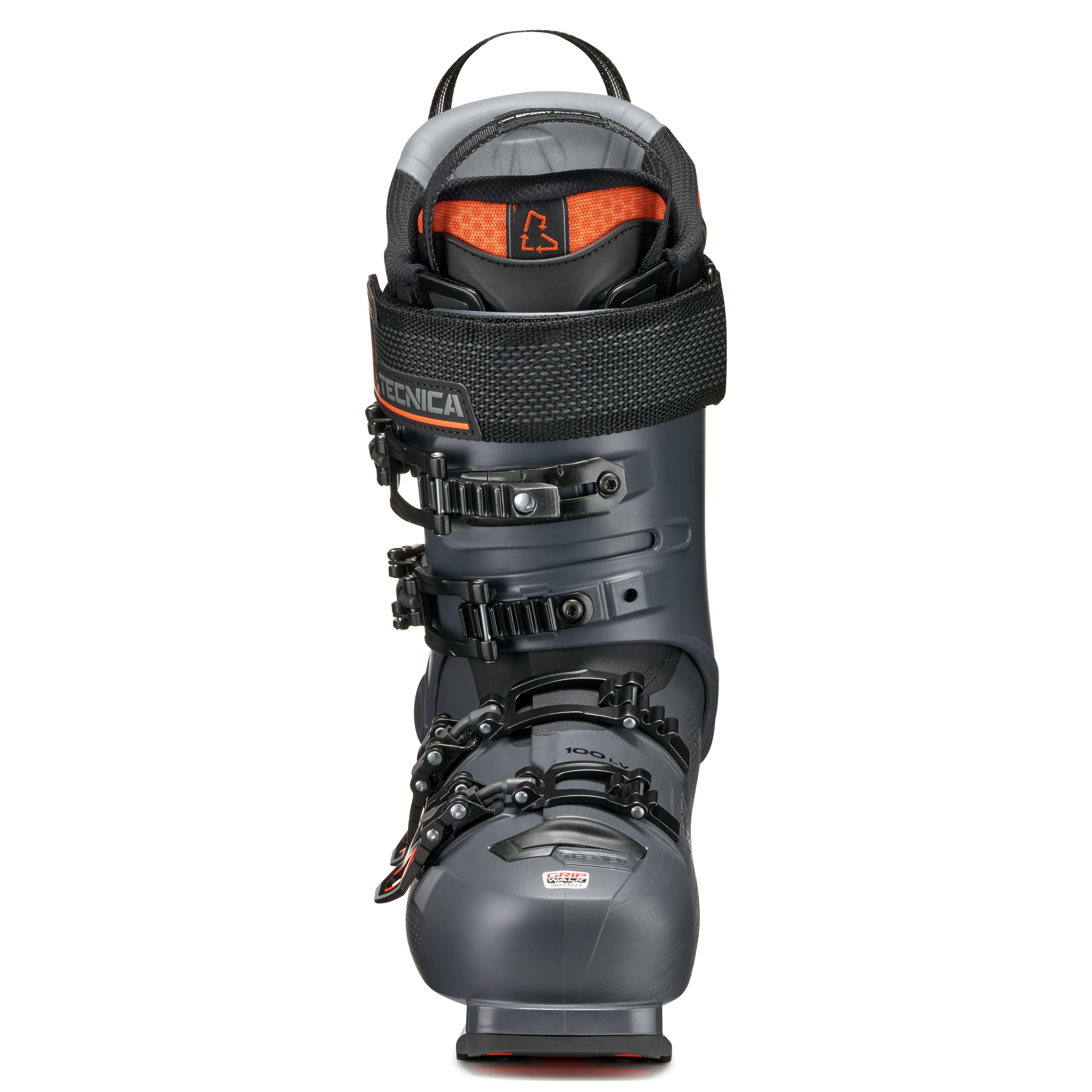 Black and gray ski boot with visible Tecnica and a dark power strap branding on a white background.