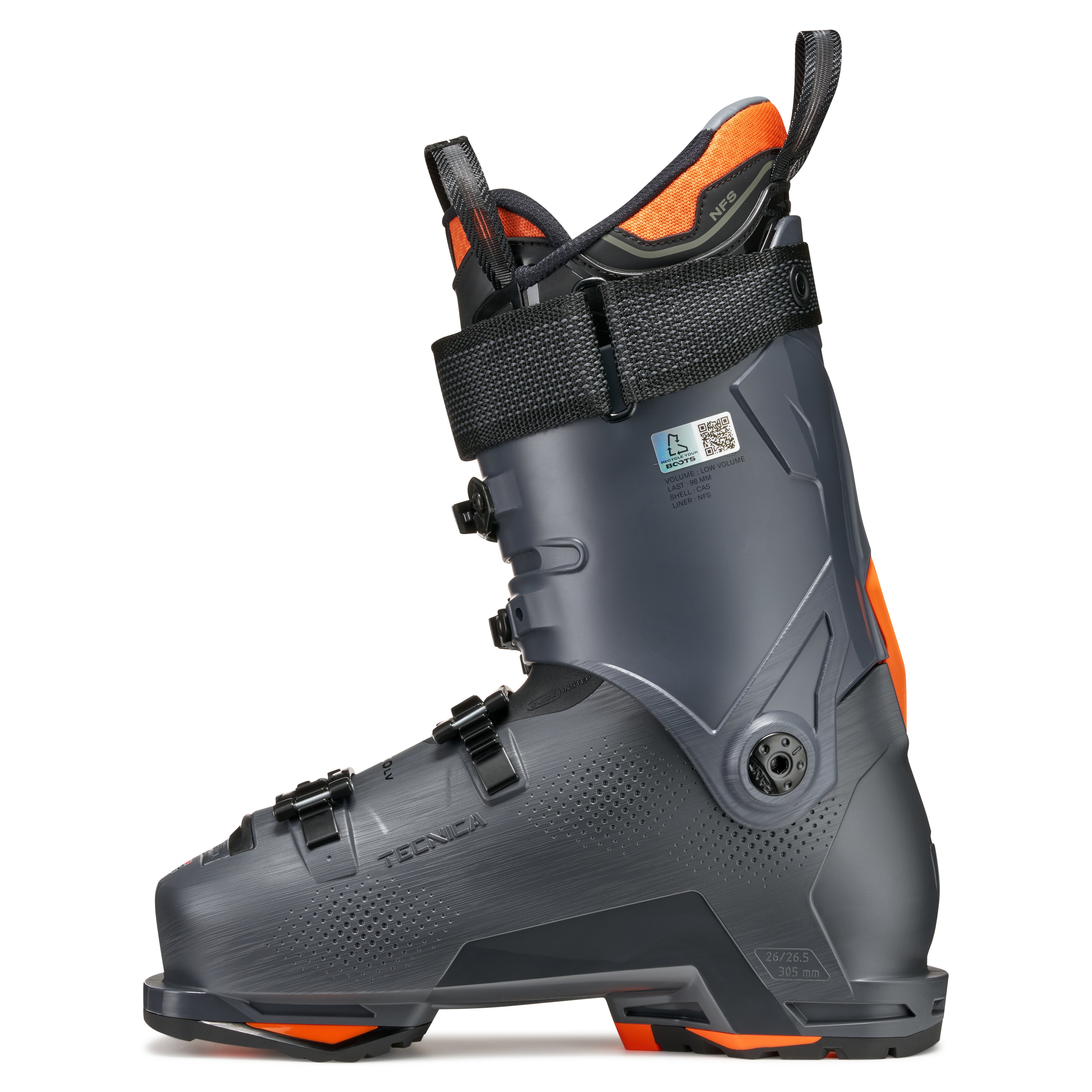 The medial side of a gray ski boot with orange accents on a white background.