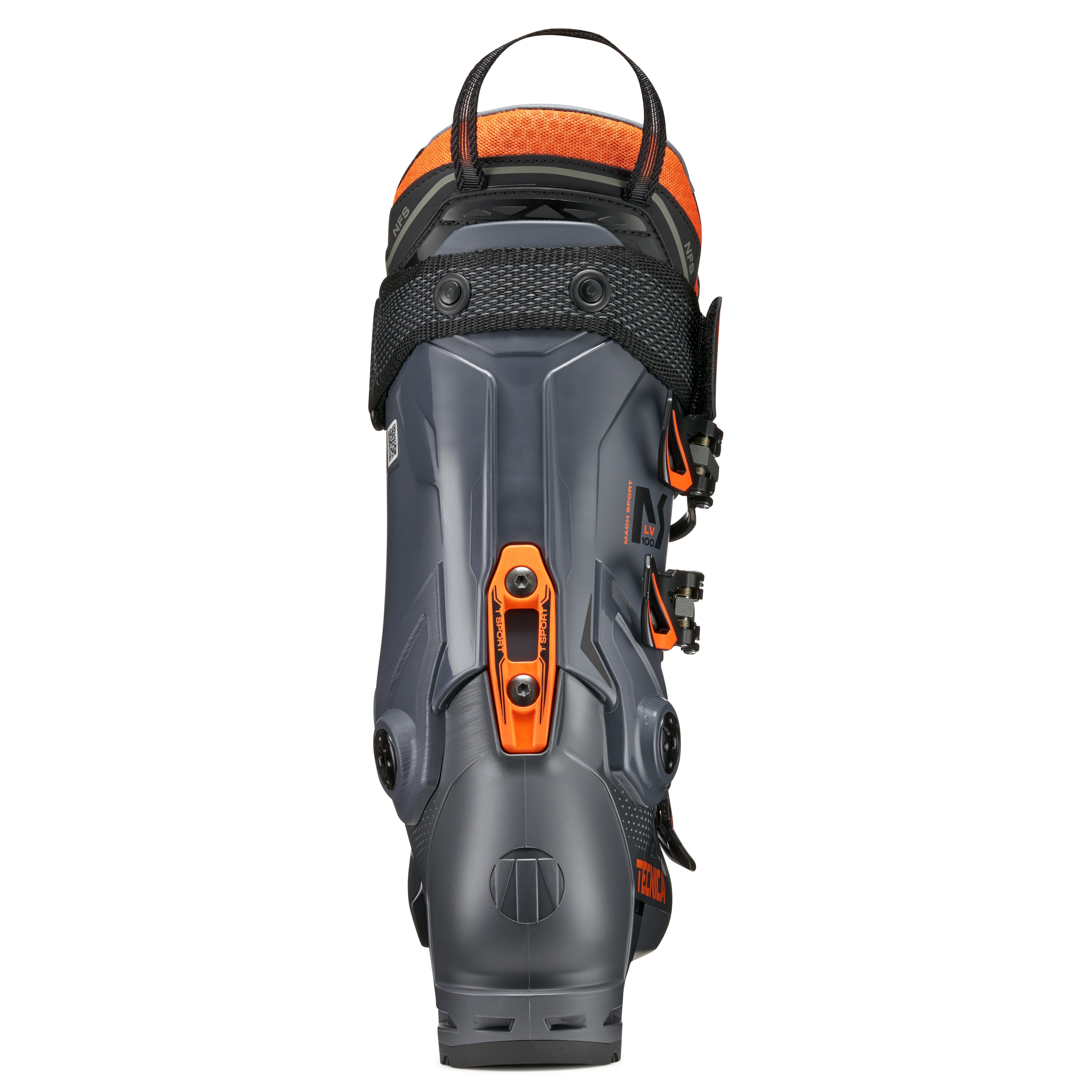 The heel area of the gray and orange ski boot on a white background.