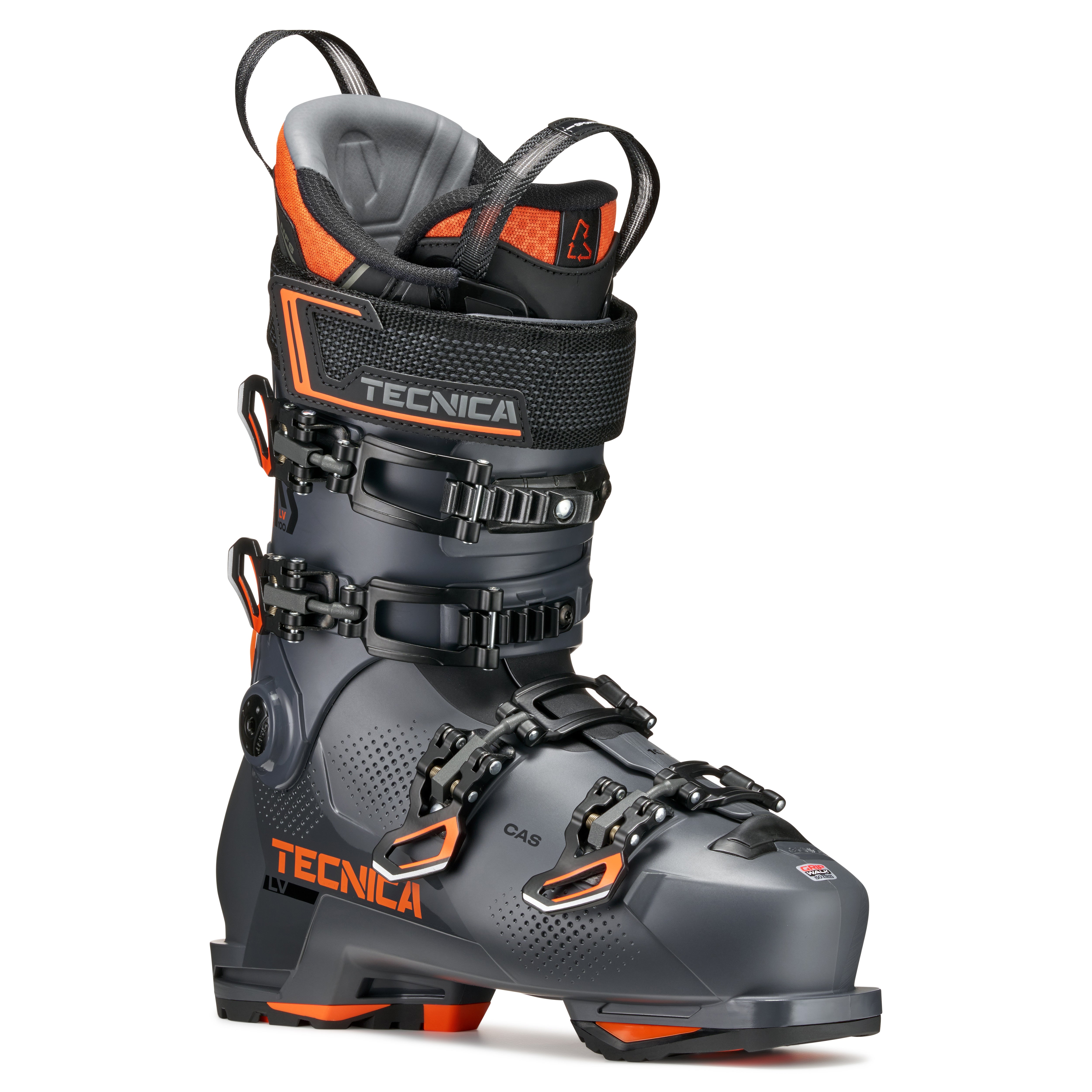Gray and black men's Tecnica ski boot with orange accents on a white background.