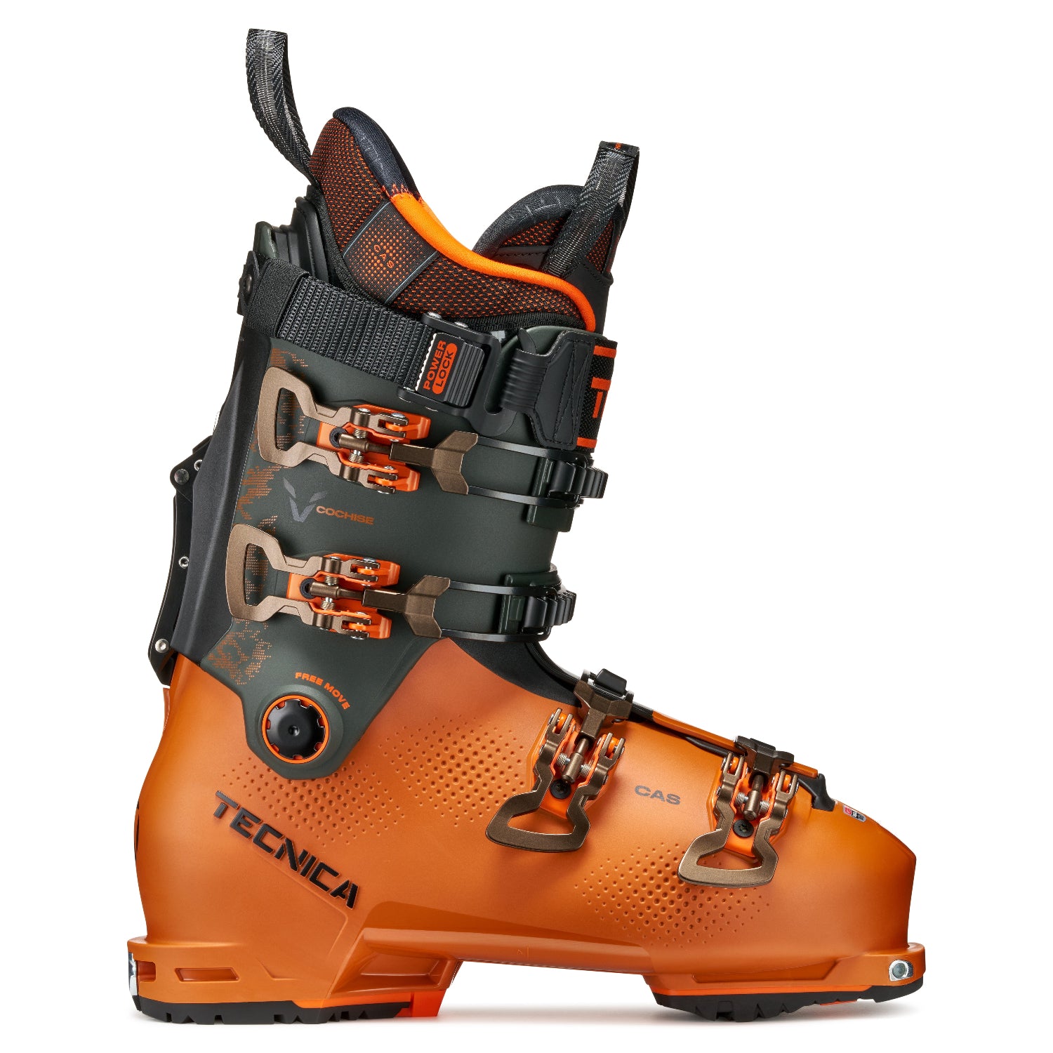 Orange and black ski boot with Tecnica branding on a white background.