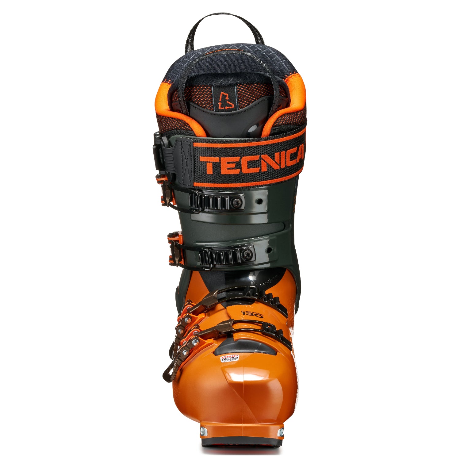 Front view of a oange and black Tecnica ski boot on a white background.