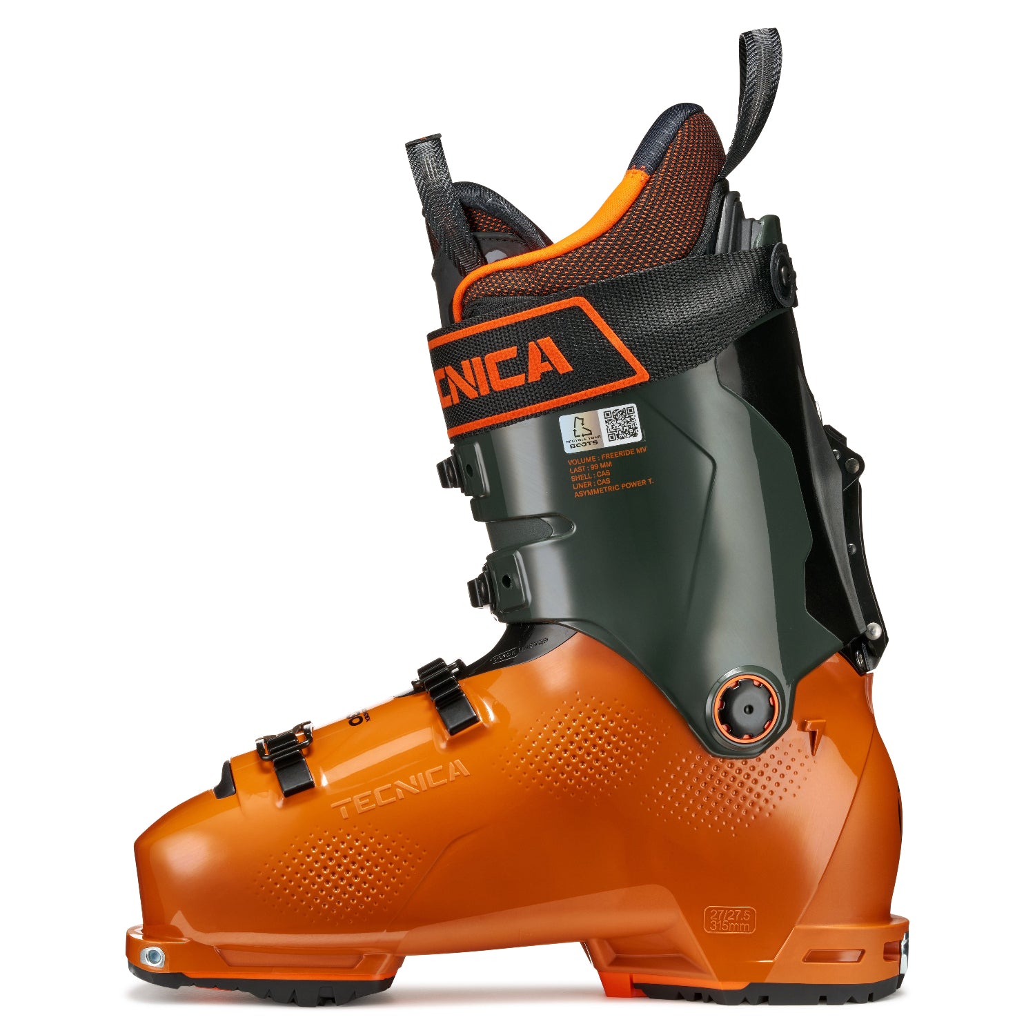 Orange and black Tecnica ski boot on a white background that has tech inserts for ski touring.
