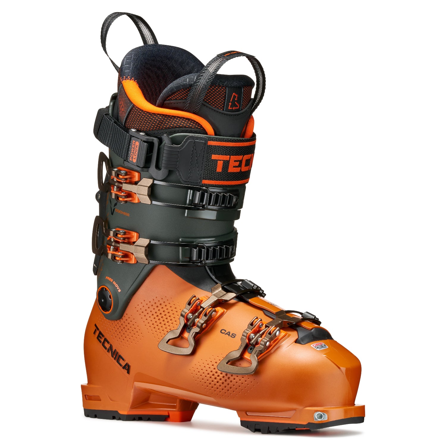 Orange and black tecnica hybrid ski boot with Technica branding on a white background.