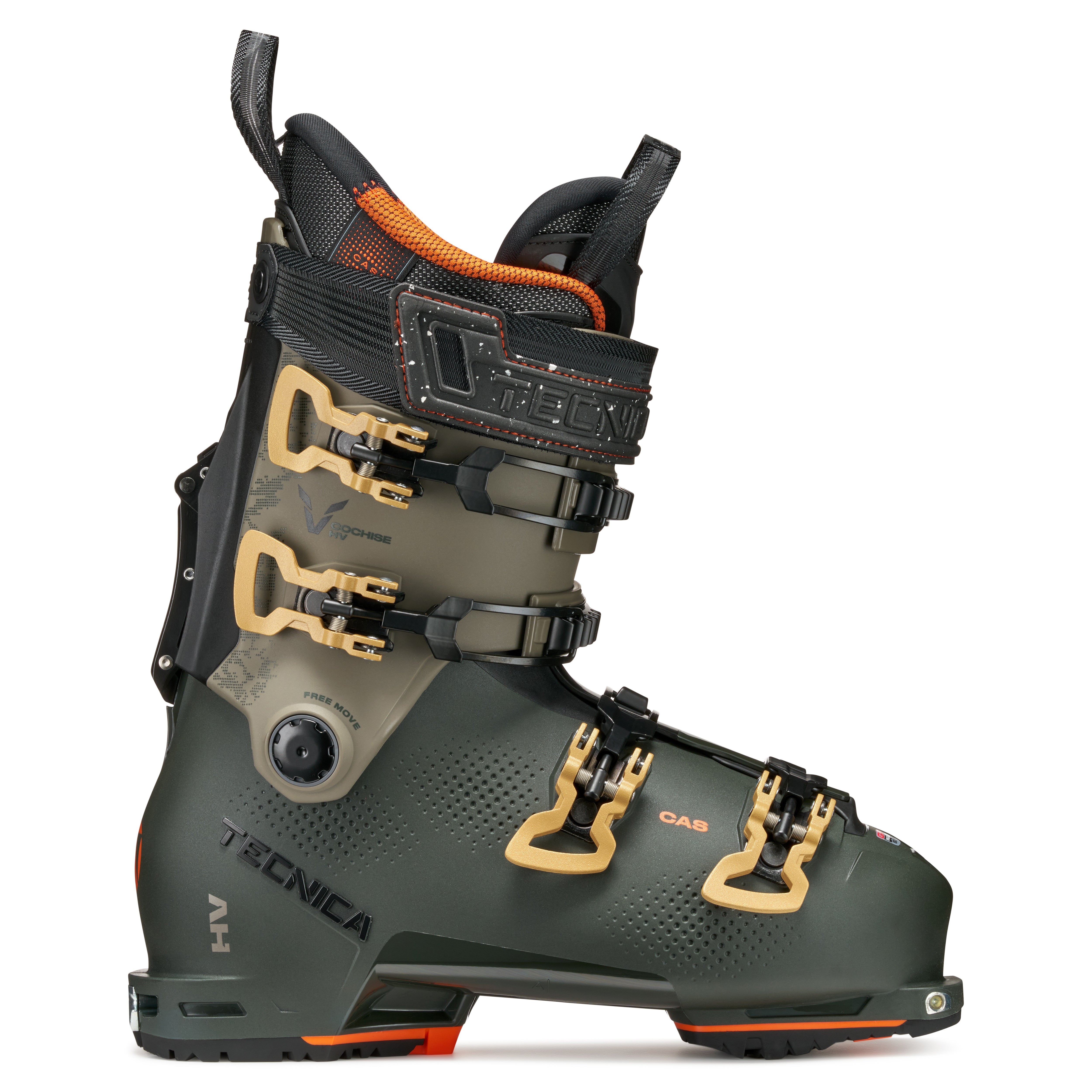 Men's tecnica ski boot with gold and black accents on a white background.