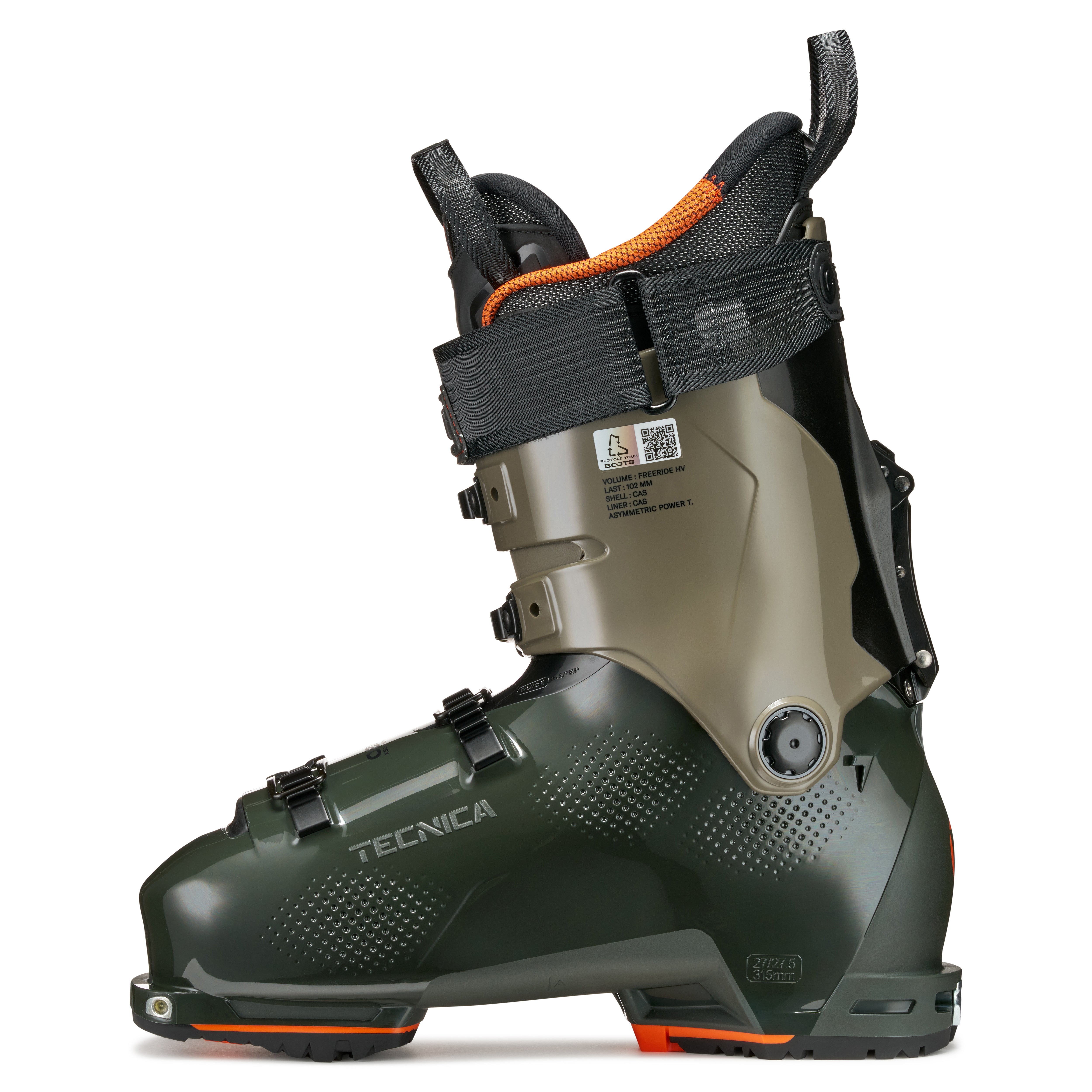 The medial side of a ski boot with Tecnica branding and dimples on a white background.
