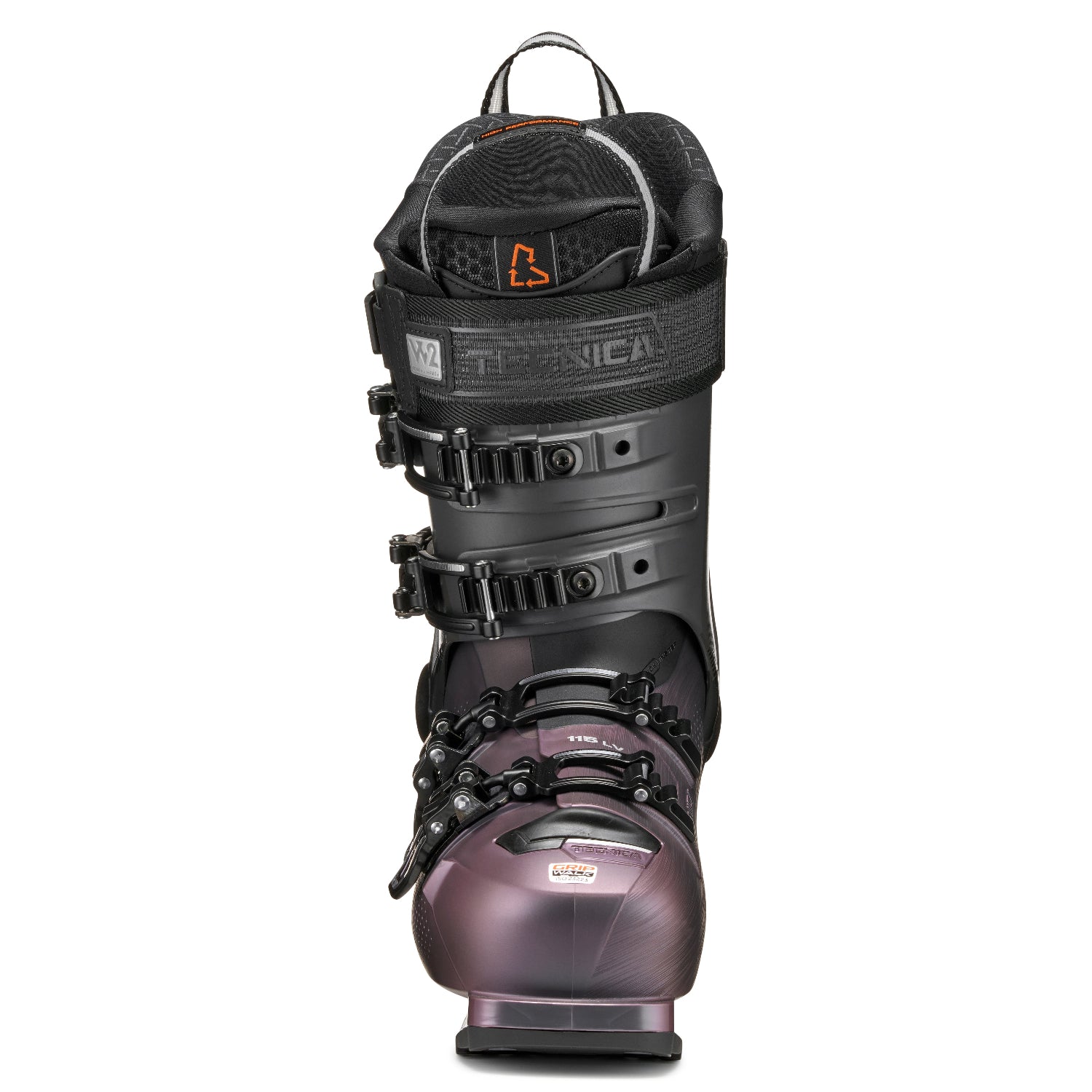 Front anlge of a black and purple ski boot with Technica branding viewing the power strap and 4 buckles on a white background.