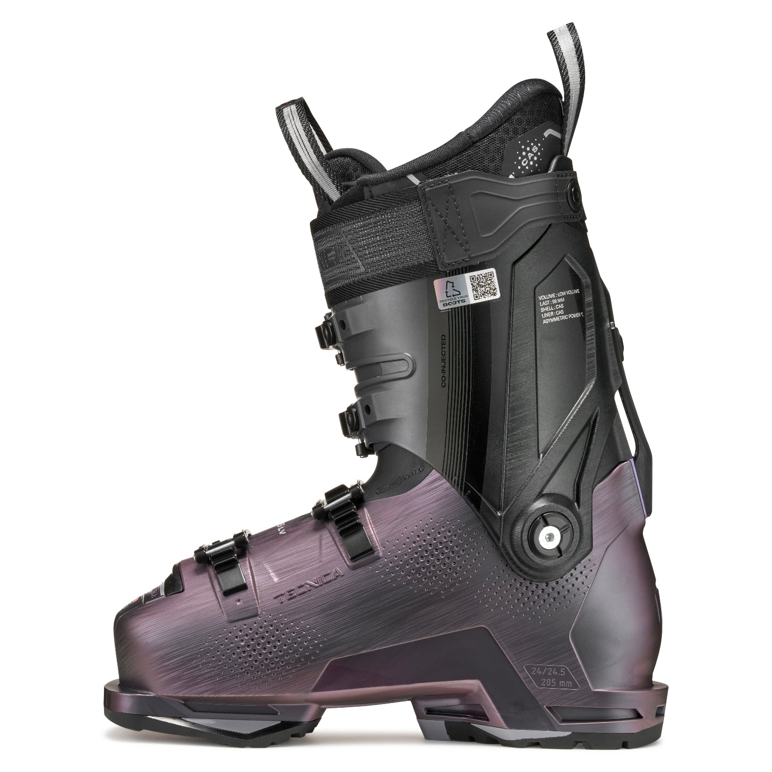 The medial side of a black and purple women'sw Tecnica ski boot on a white background.
