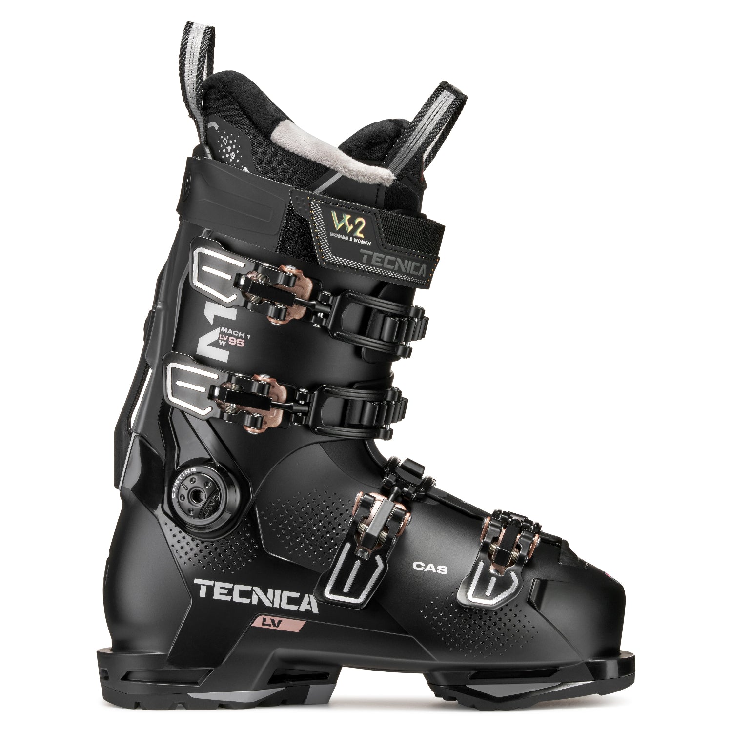 Black Women's Tecnica Mach1 95 LV ski boot on a white background.
