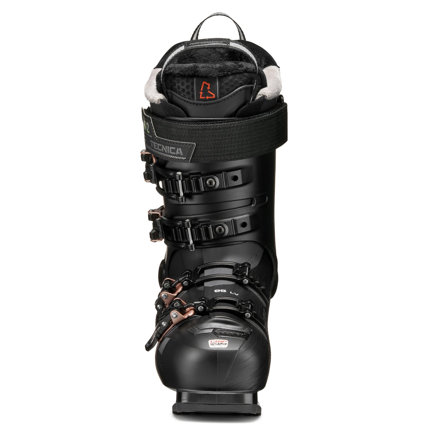 Black Tecnica women's ski boot with visible brand logo on a white background and a black powerstrap.