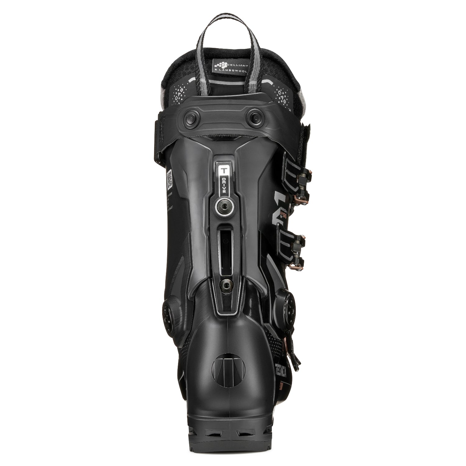 Women's Tecnica alpine ski boot with visible brand Tecnica logo's on a white background.