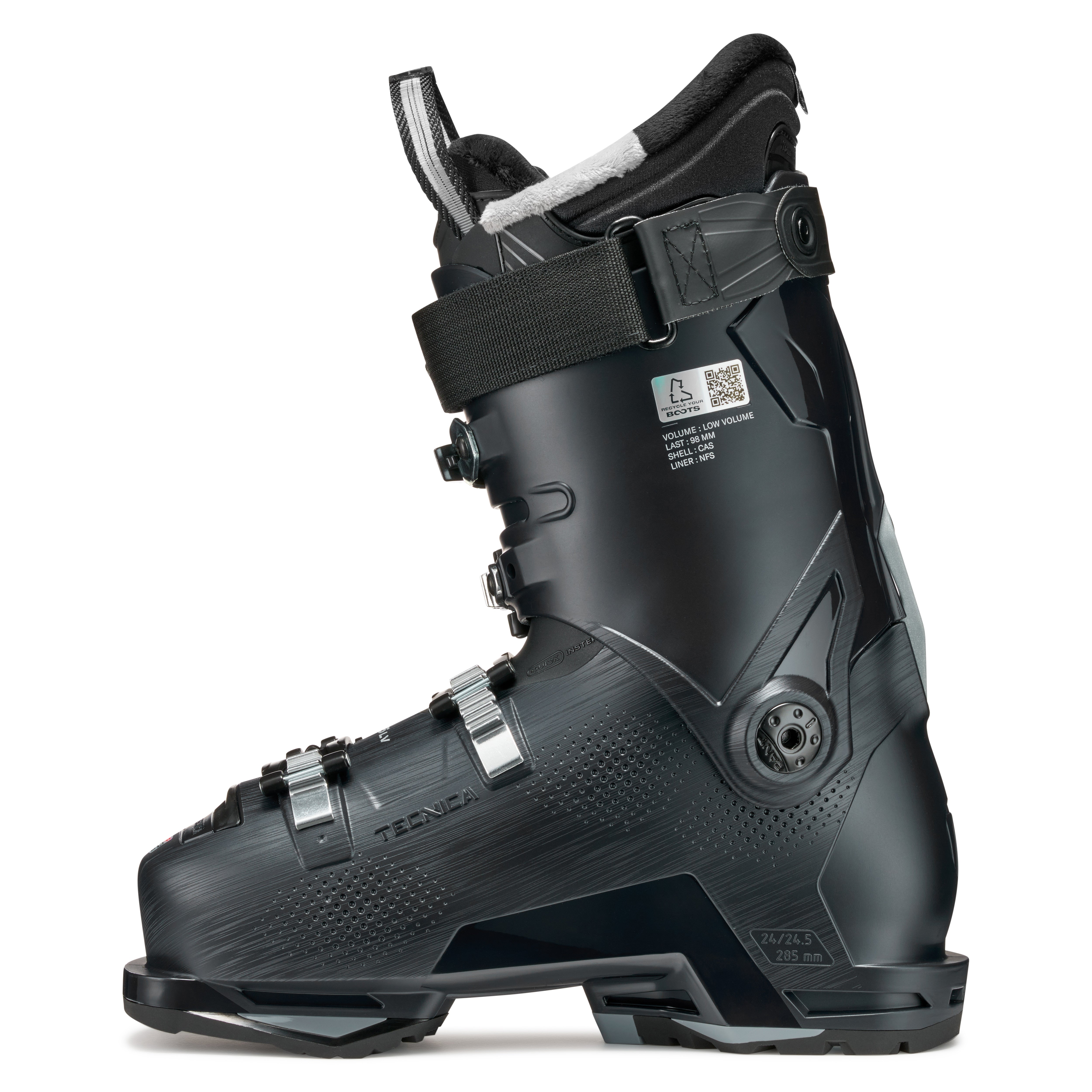 The medial side of this ski boot has the stats written near the top of the boot that lists its characteristics.