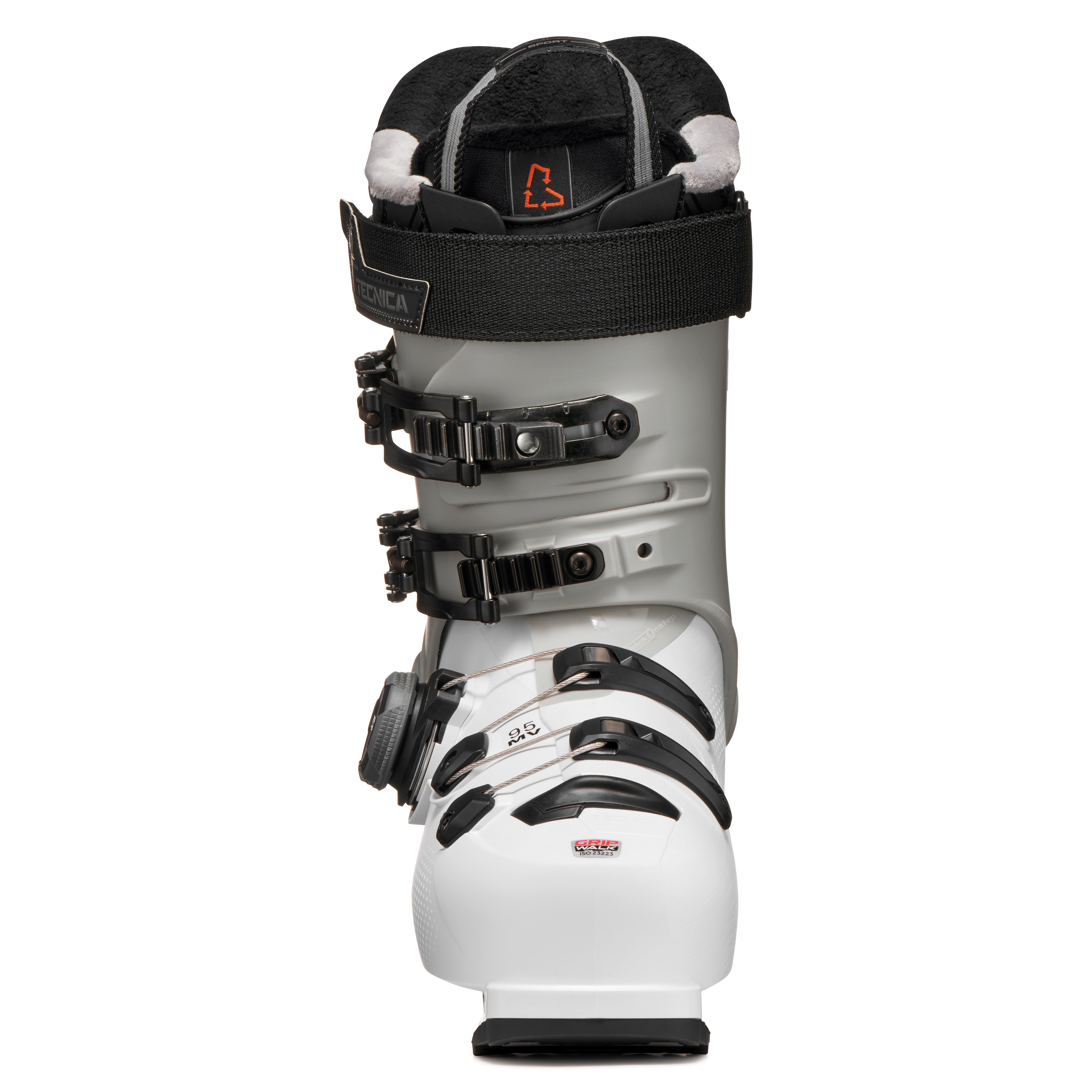 The front view of thiw womens Tecnica ski boot shows the inner liner that is mostly all black except a bit of white.