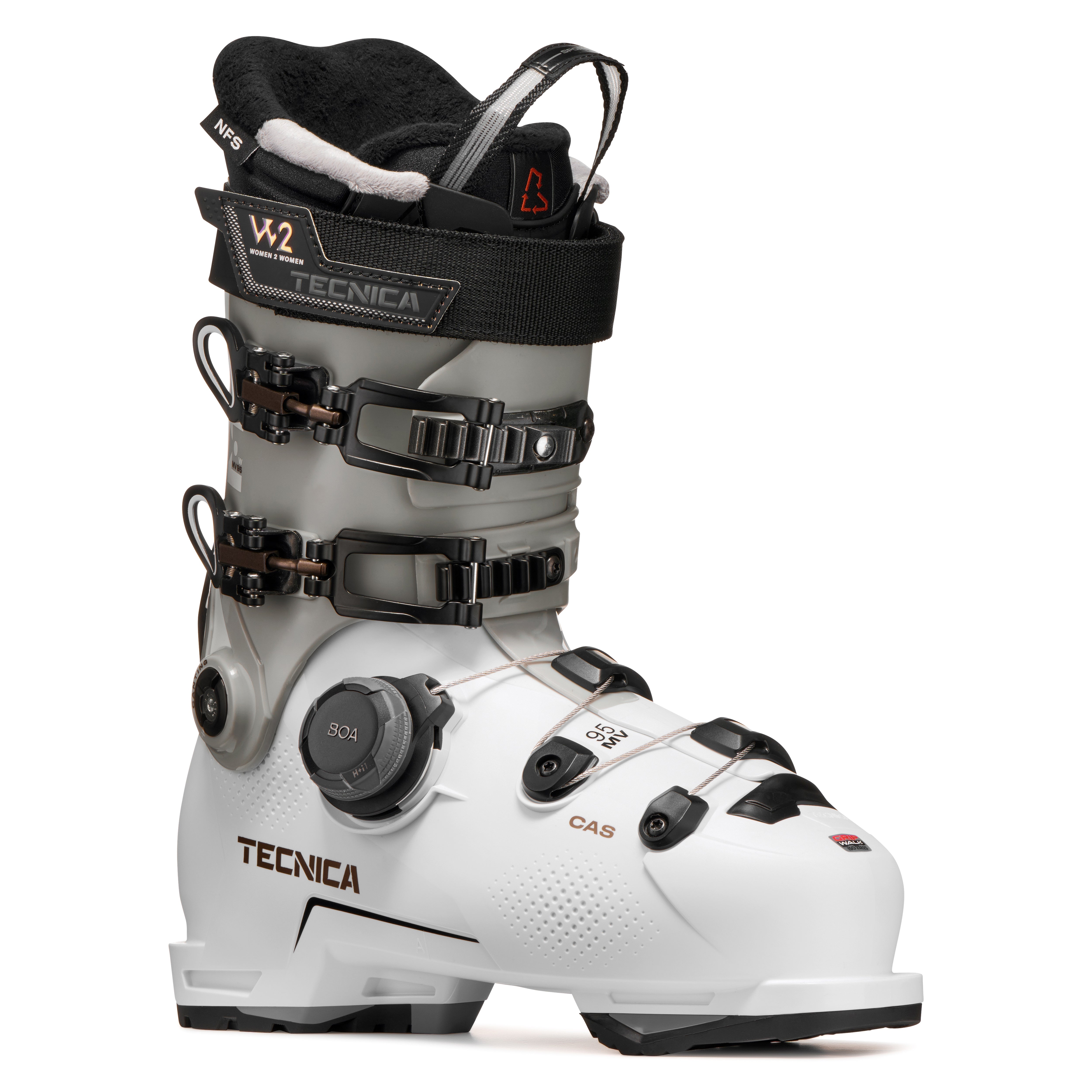 This ski boot from Tecnica is almost all white exept for the BOA fit system that is black.