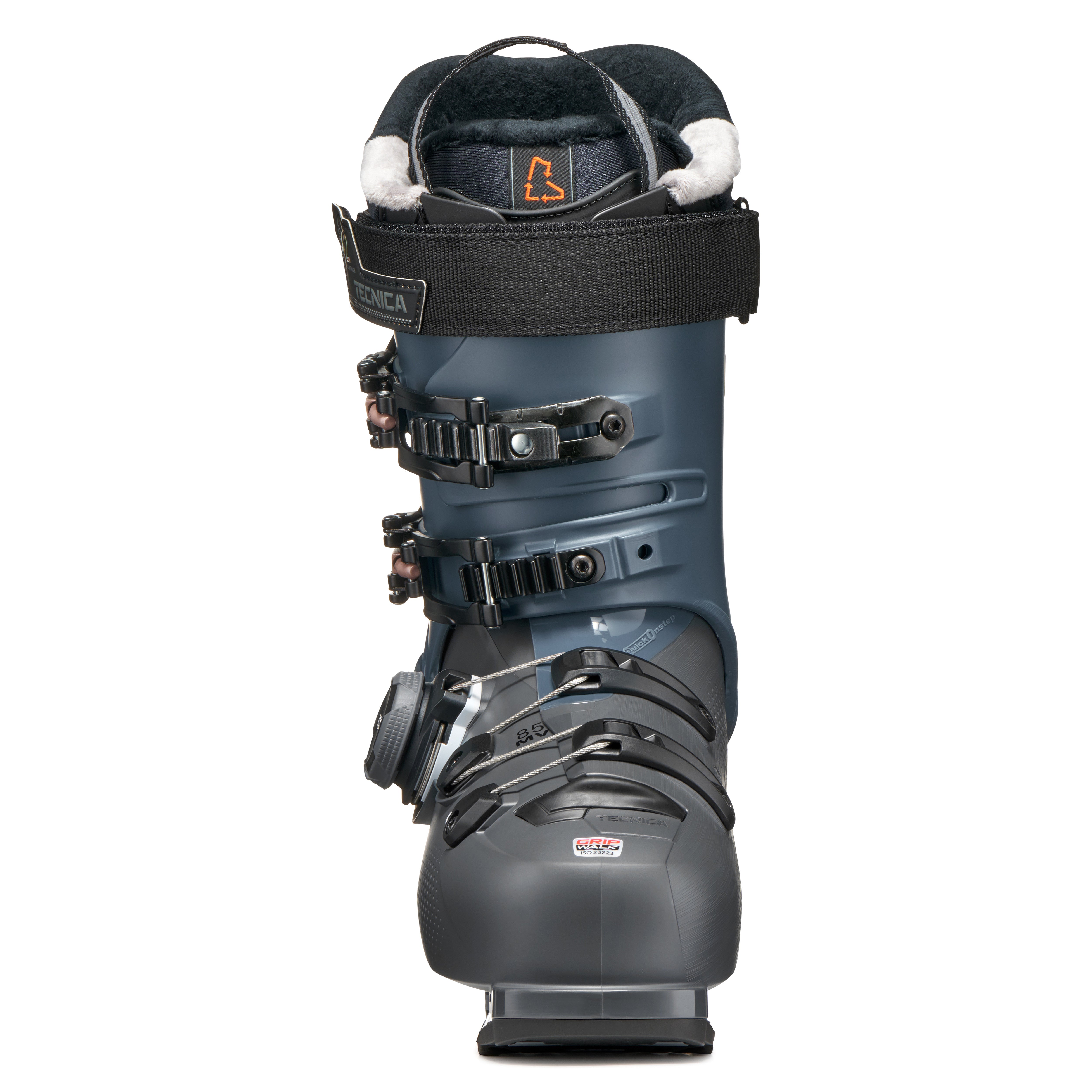 From the front view of this Tecnica women's ski boot the cables from the BOA system can be seen going over teh top of the boot.