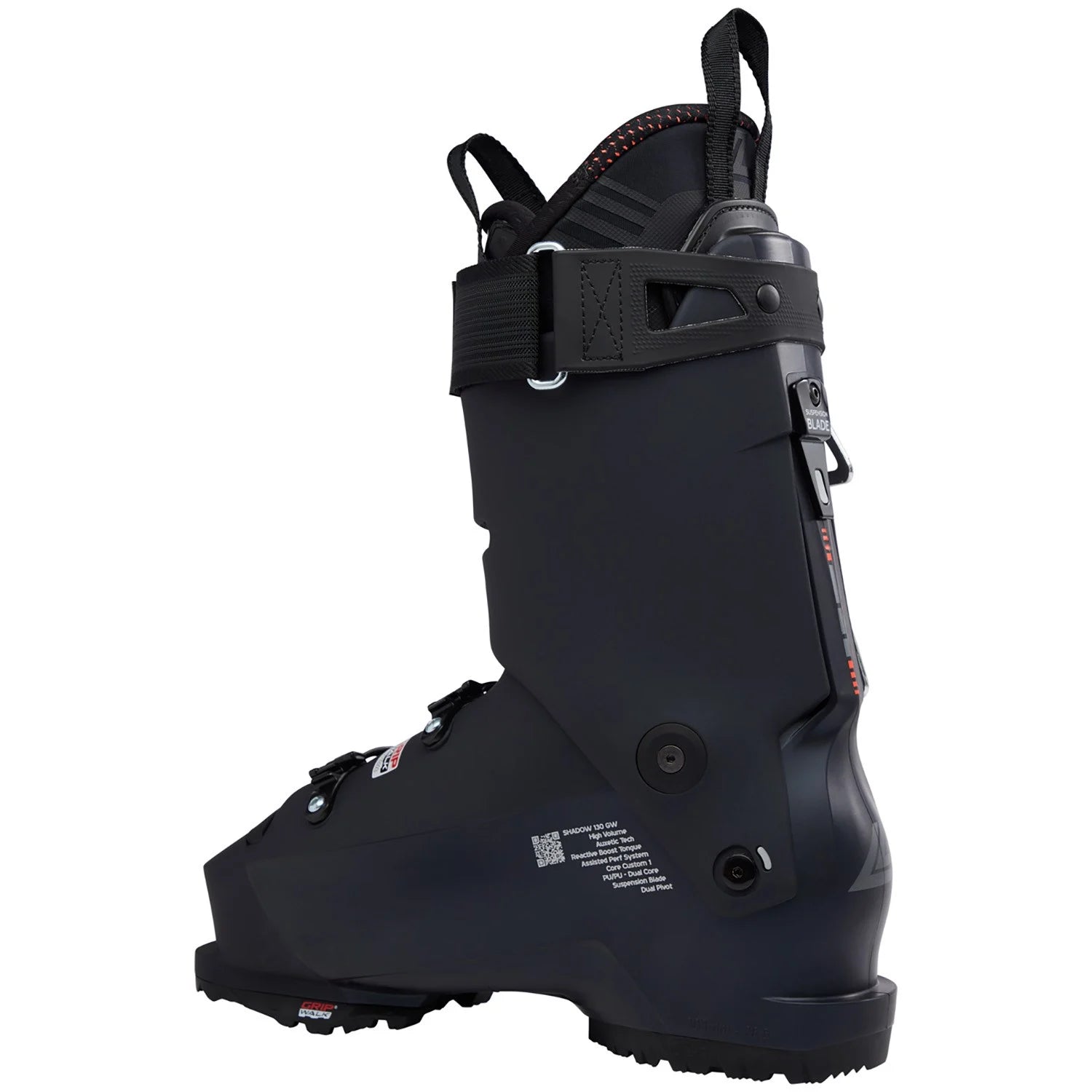 Black ski boot with visible branding on a white background