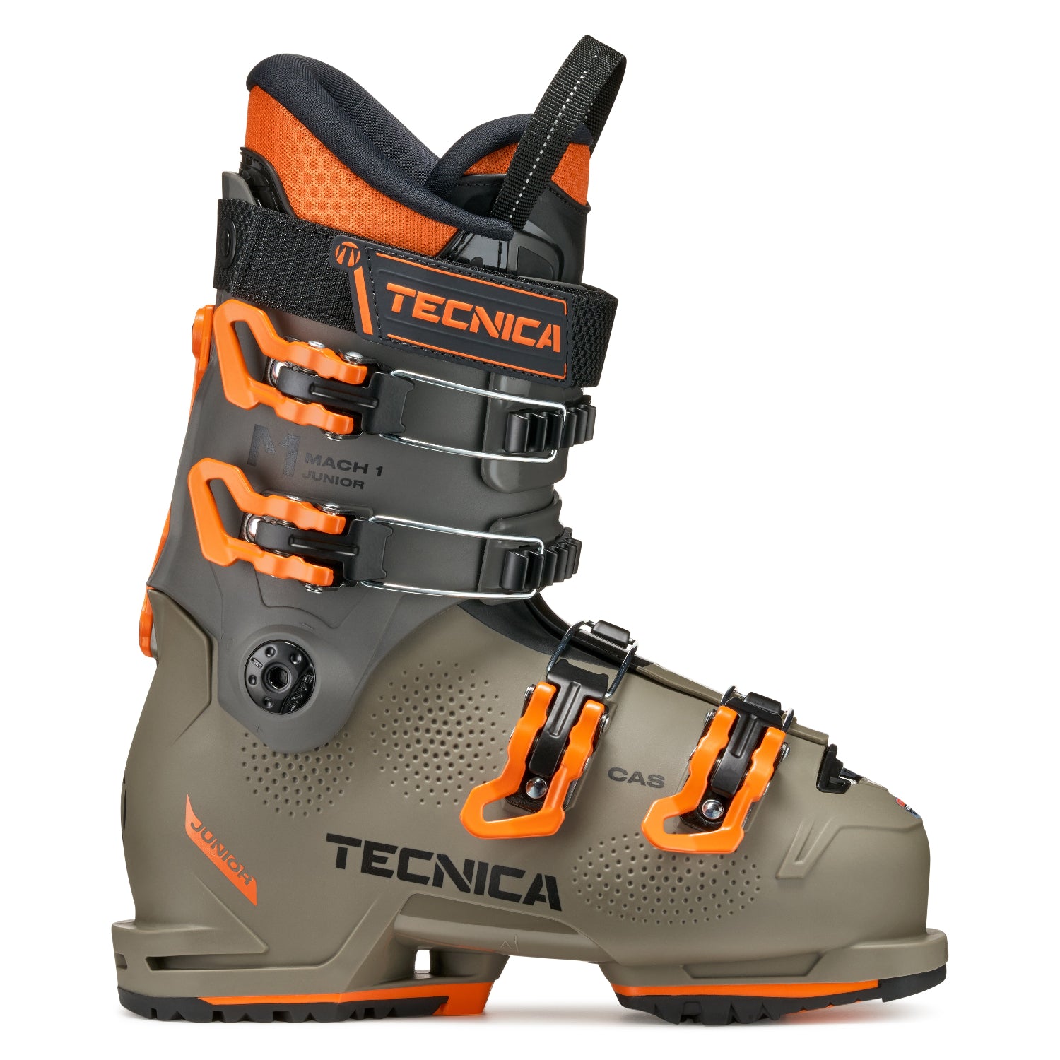 A junior Tecnica ski boot with orange and black accents on a white background.