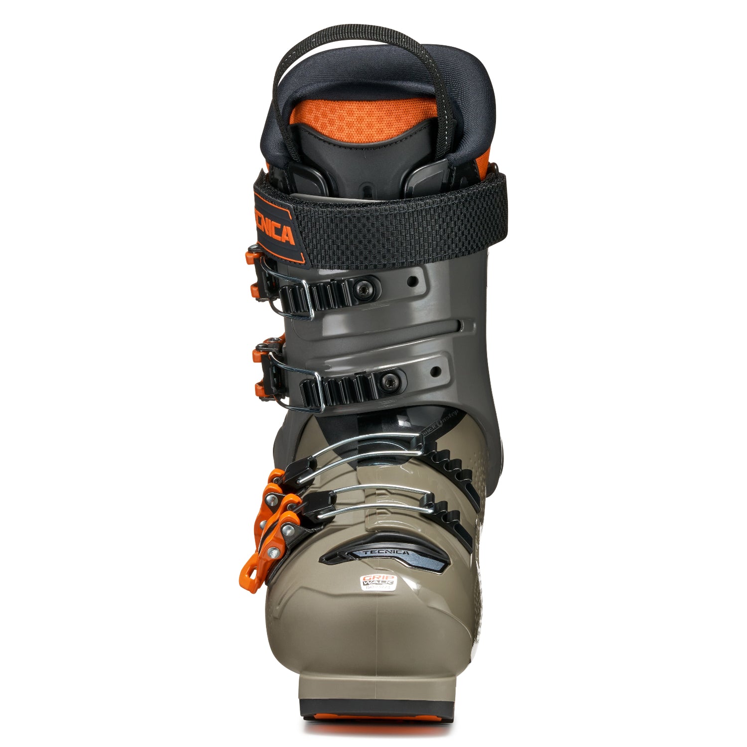 Front view of a kids Tecnica ski boot with orange accents on a white background.