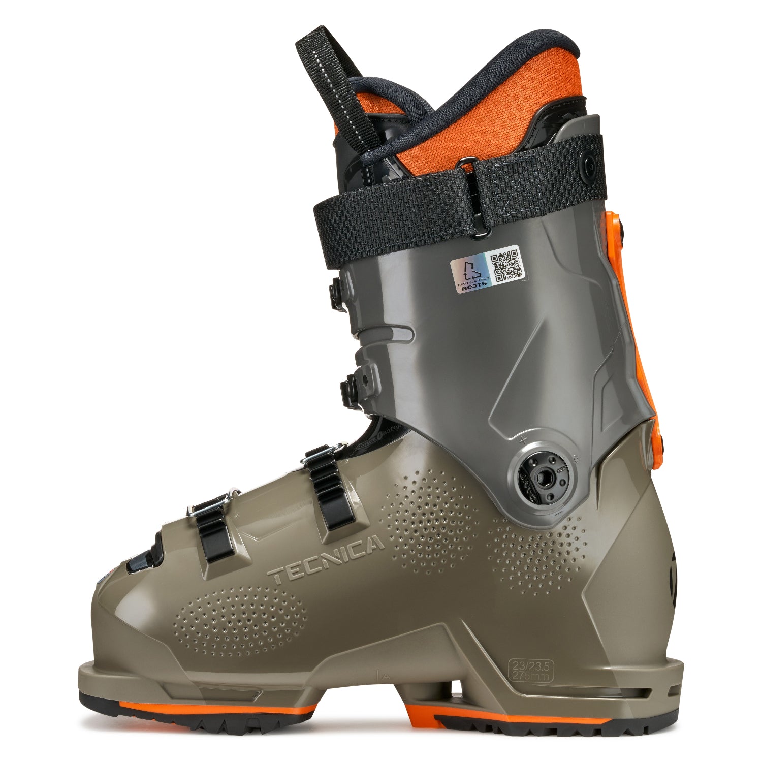 The medial side of a Tecnica gray and orange ski boot with Tecnica branding on a white background.