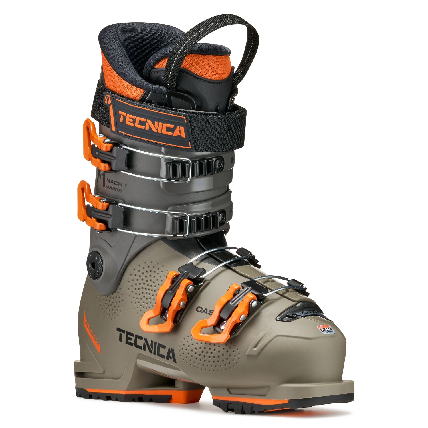 Tecnica ski boot with orange accents on a white background.