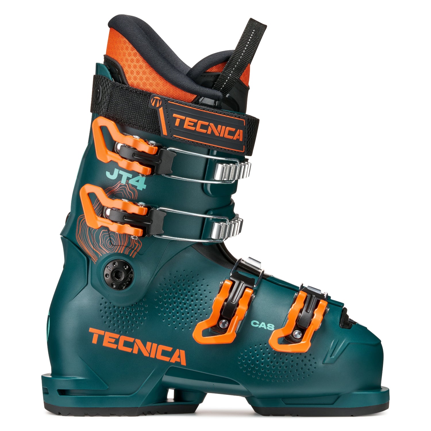 Teal and orange Tecnica junior ski boot on a white background.