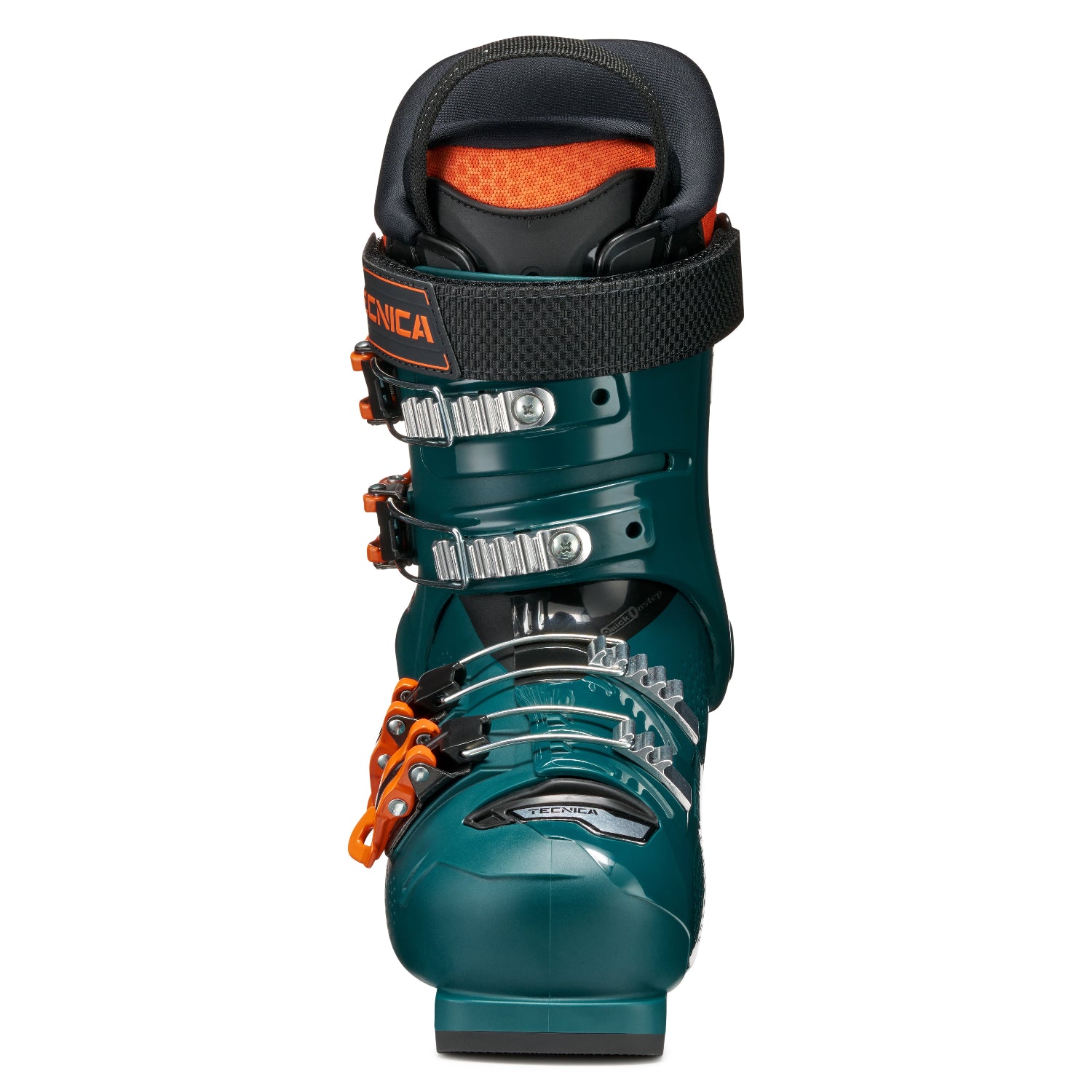 The front angle of a teal ski boot with orange accents on a white background.