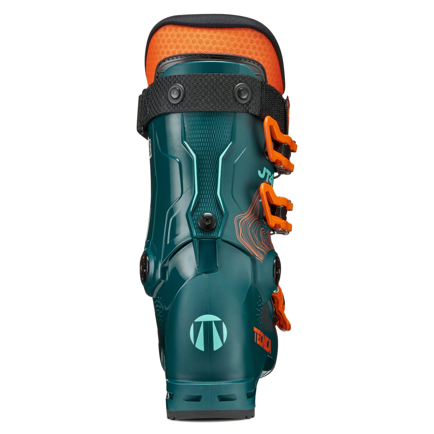 The back of a teal and orange junior ski boot on a white background.