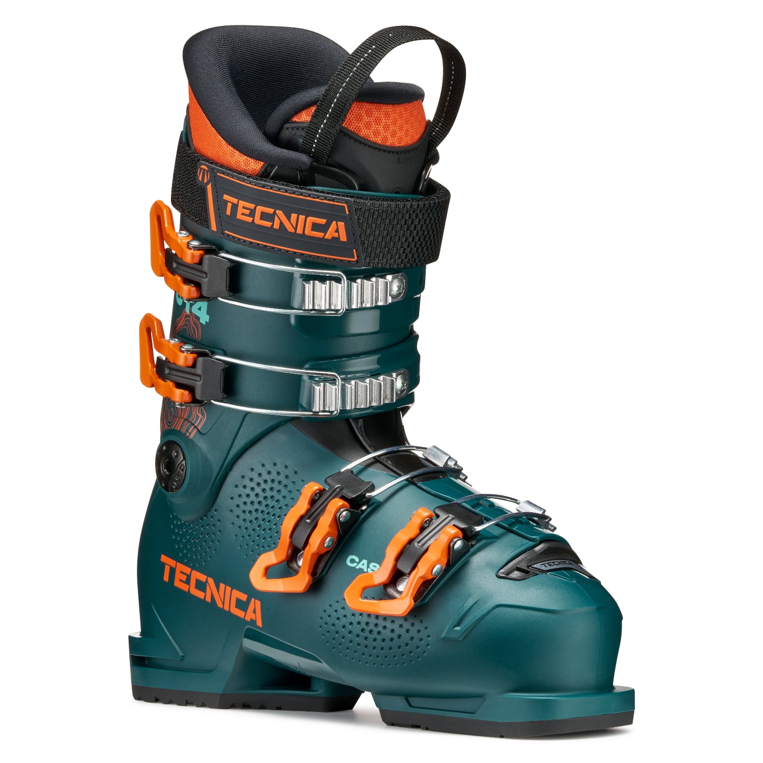 Tecnica ski boot with green and orange design on a white background set at a 45 degree angle.