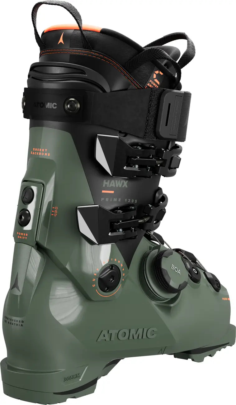 This men's 120 flex Atomic ski boot is an Army green color that Toyota has made famous on some TRD trucks
