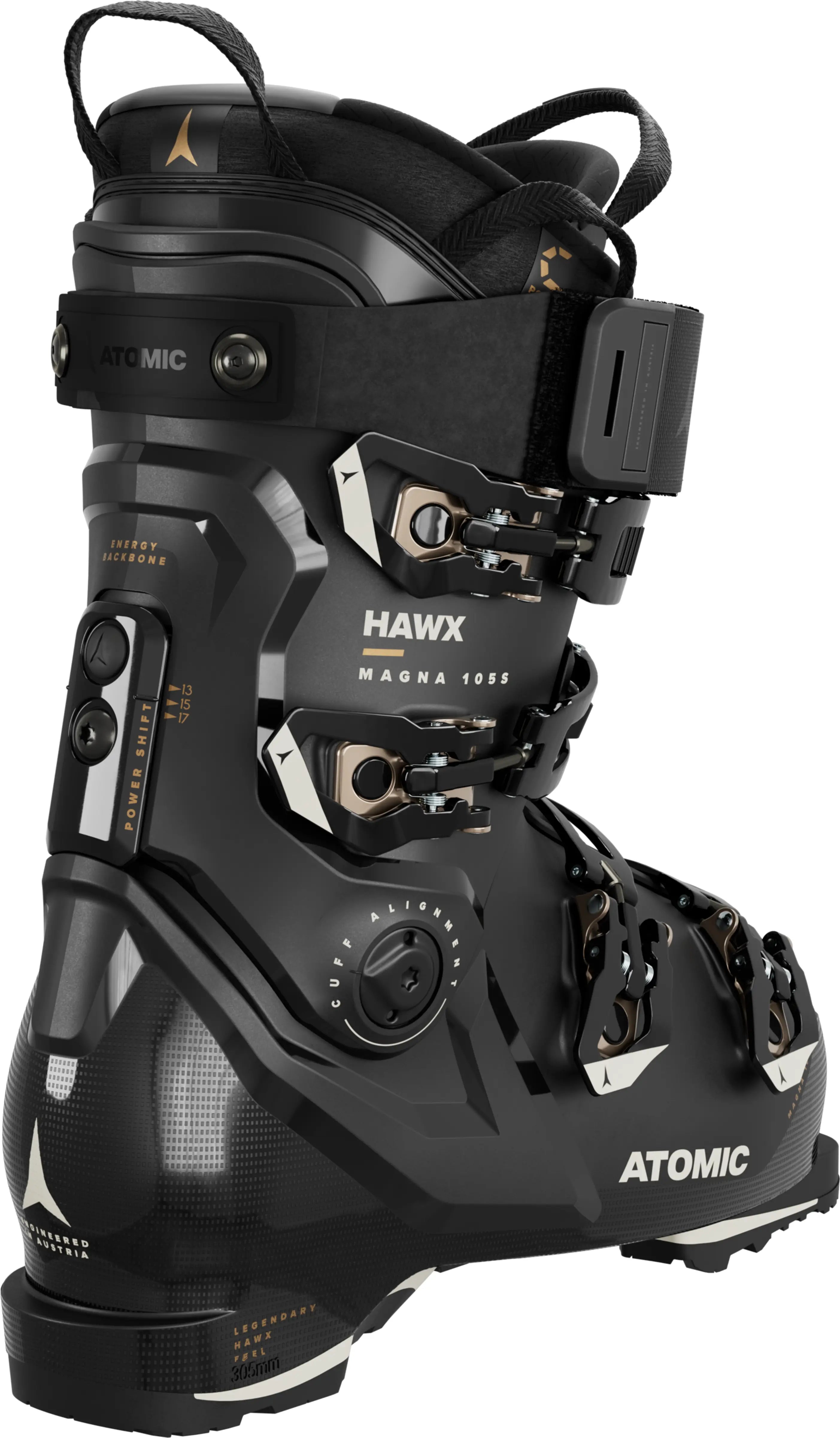 Atomic features a power shift technology on the spine of the boot that allows for a forward lean adjustment and flex adjustment