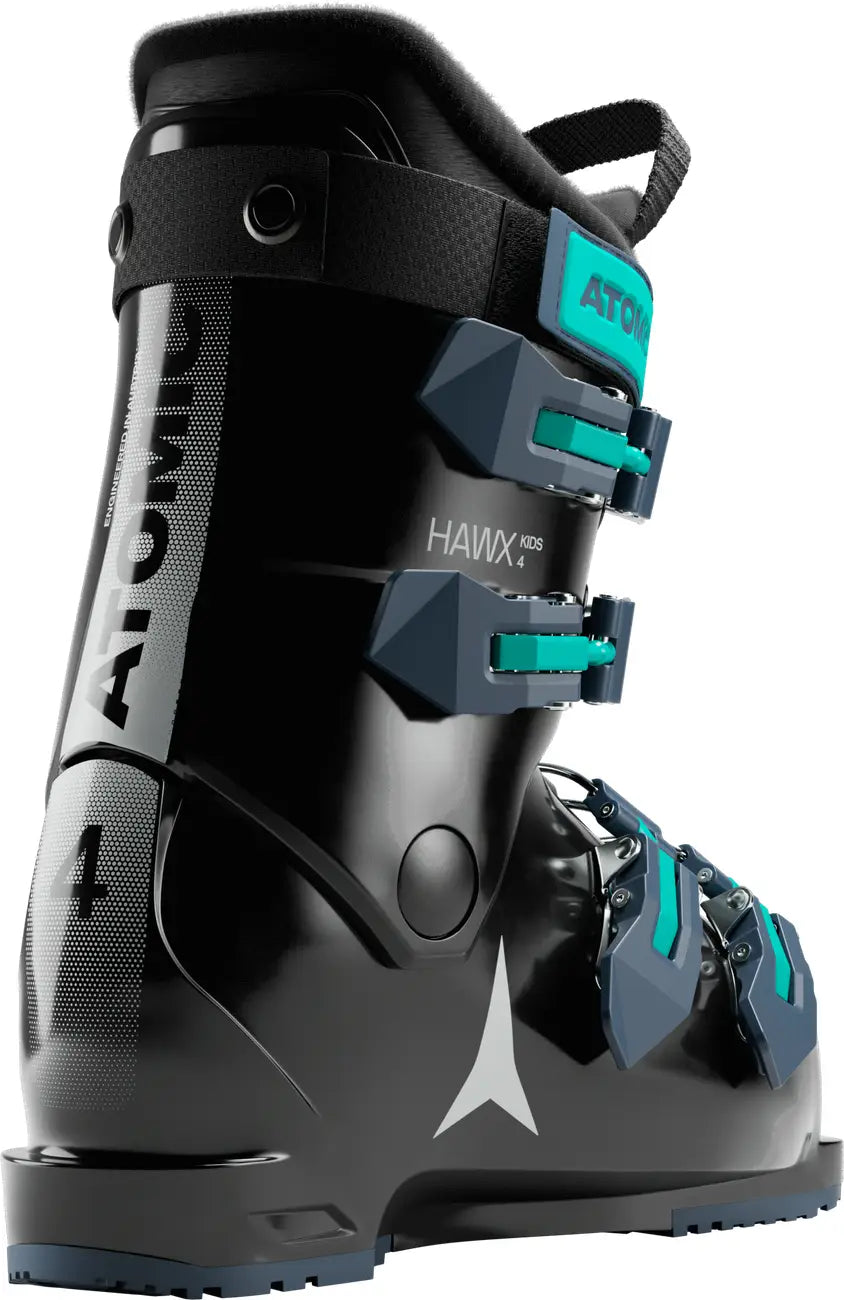 The back of this kid's ski boot has the brand name Atomic written in big letters.