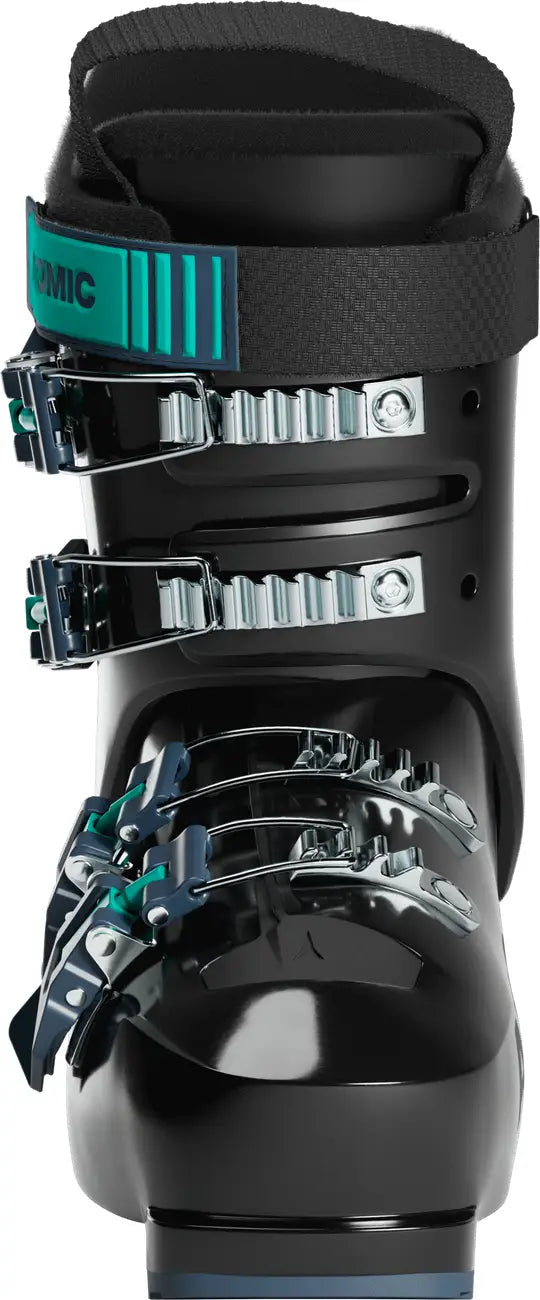 This kid's ski boot is mostly all black with the exception of a little bit of a teal pops.