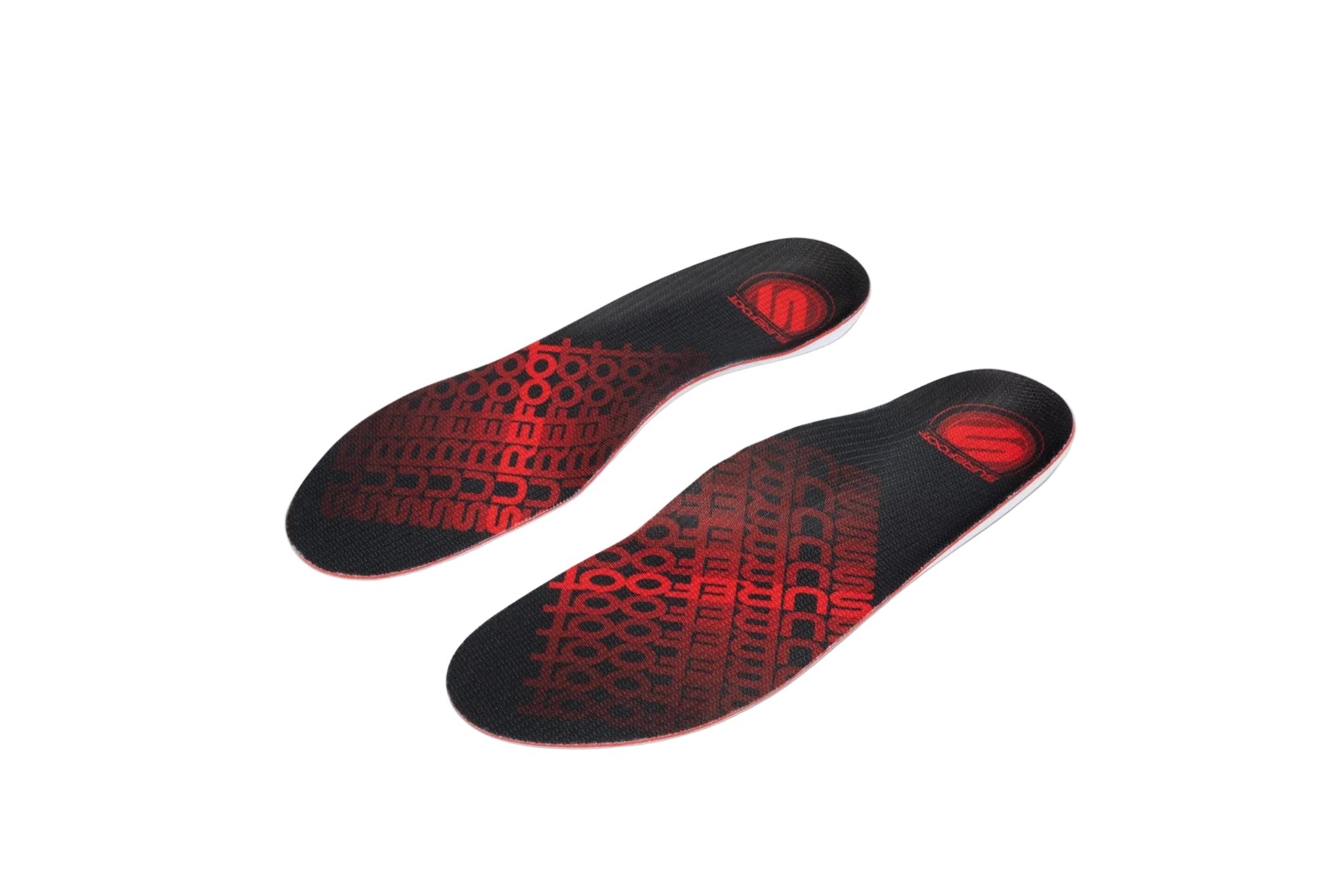 Black and red shoe insoles on a white background