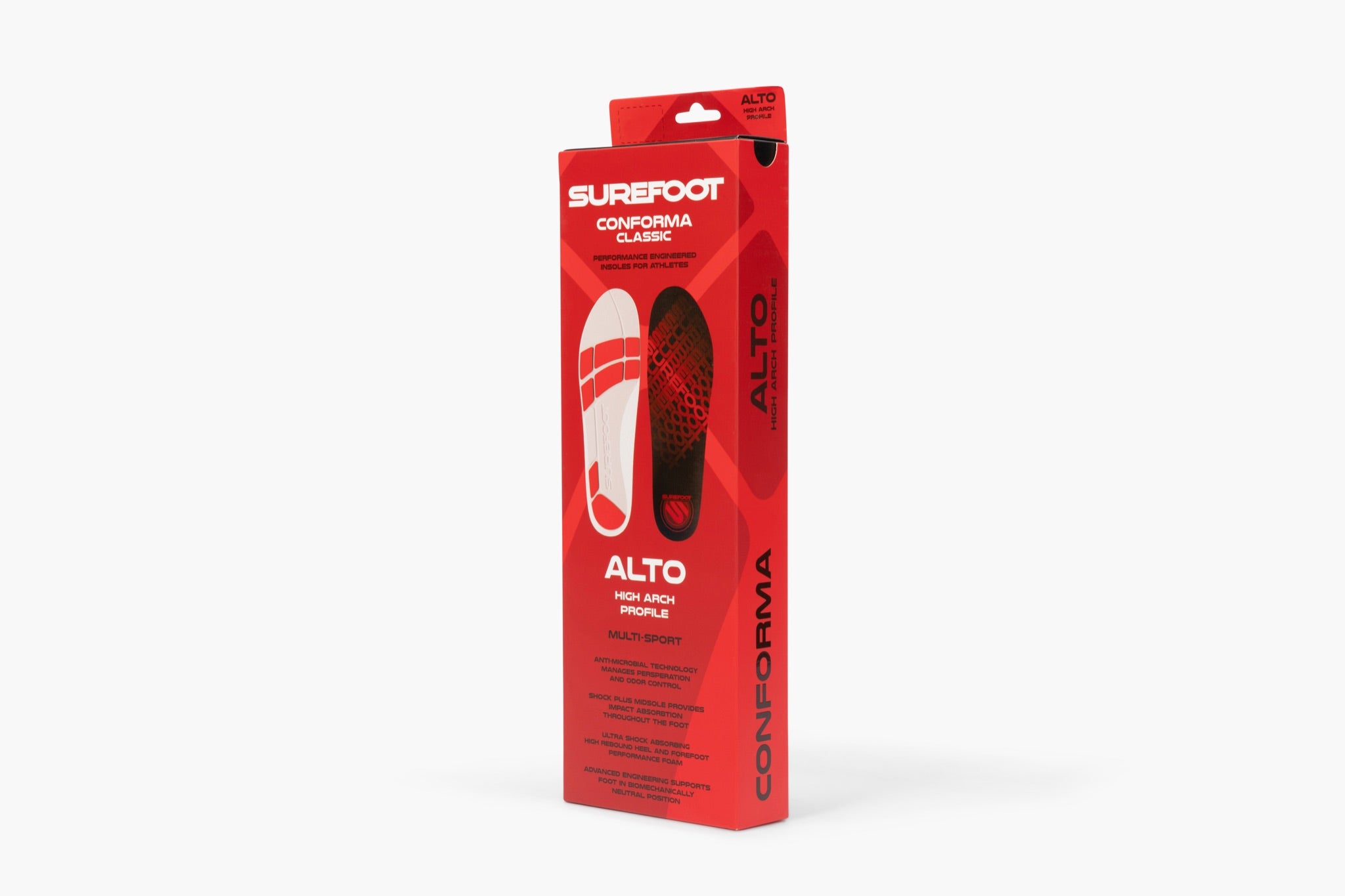 the alto box is bright red with the two insoles on the front and ALTO written underneath with some other descriptive text