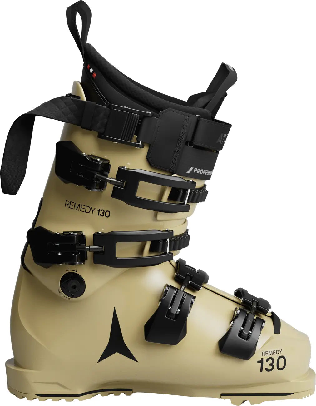 Beige ski boot with black straps and 'Remedy 130' branding on a white background.