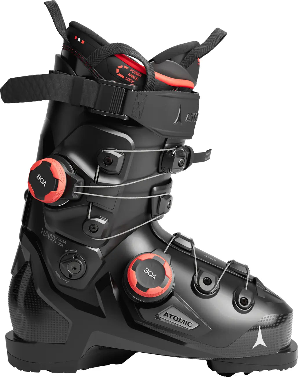 Black ski boot with red accents and 'Atomic' branding on a white background