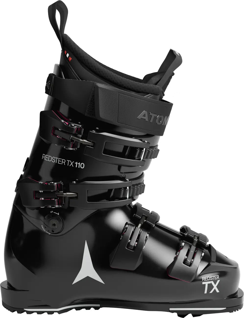 Black ski boot with 'Atomic' branding on a white background
