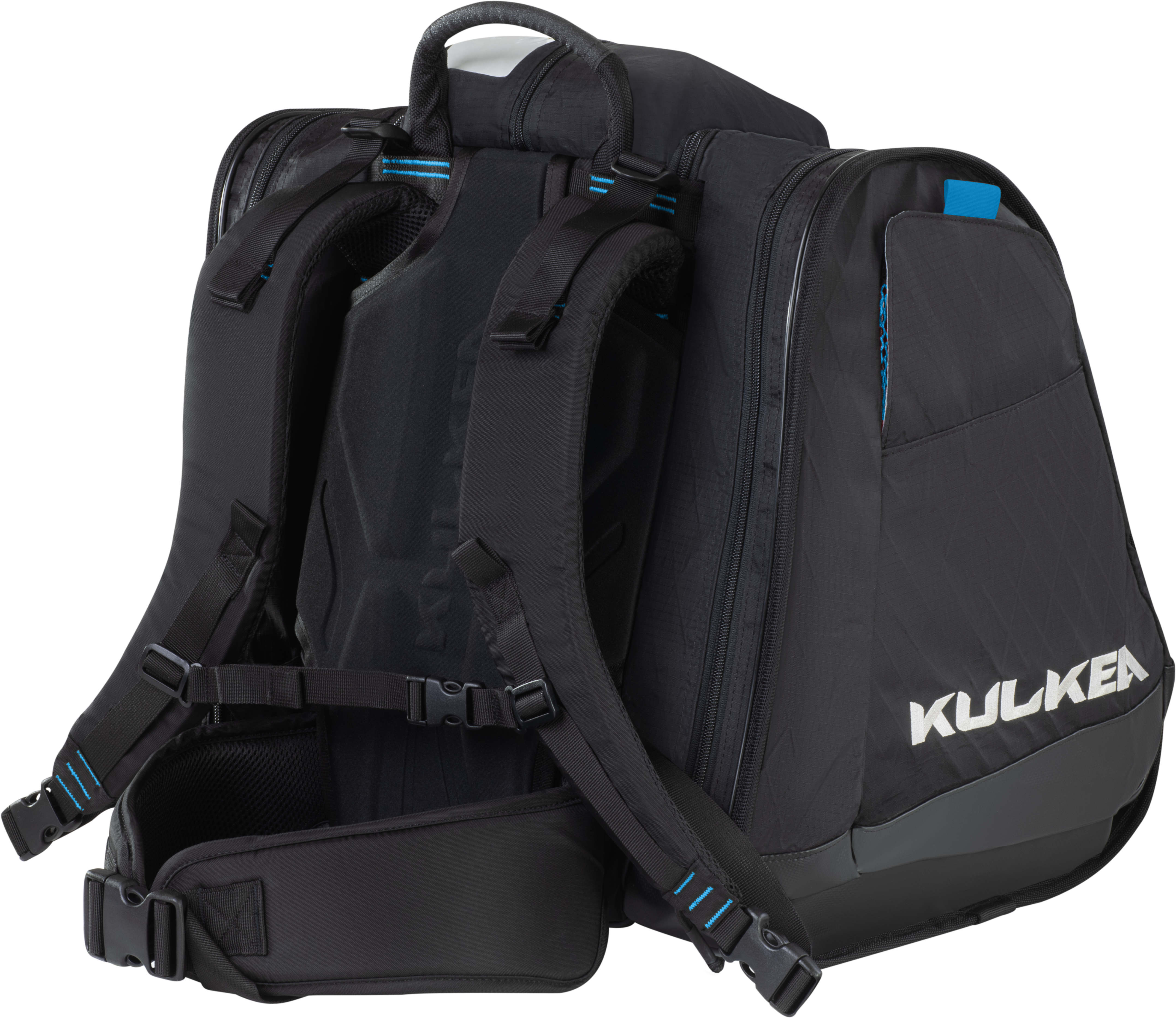 Kulkea boot bag in black with blue accents, tons of compartments, large enough to fit ski boots and most if not all your other ski gear including helmet.