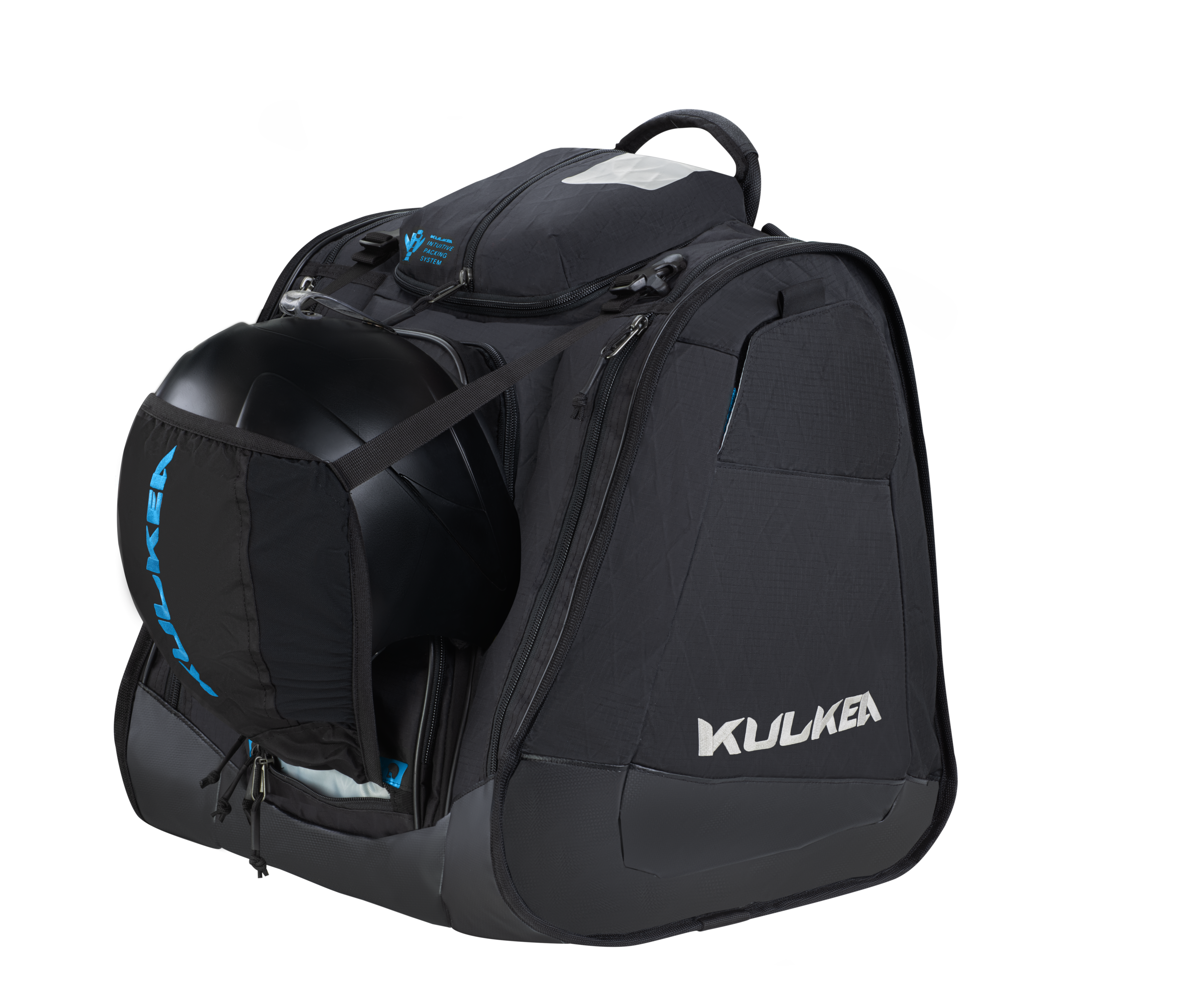 Kulkea boot bag in black with blue accents, tons of compartments, large enough to fit ski boots and most if not all your other ski gear including helmet.
