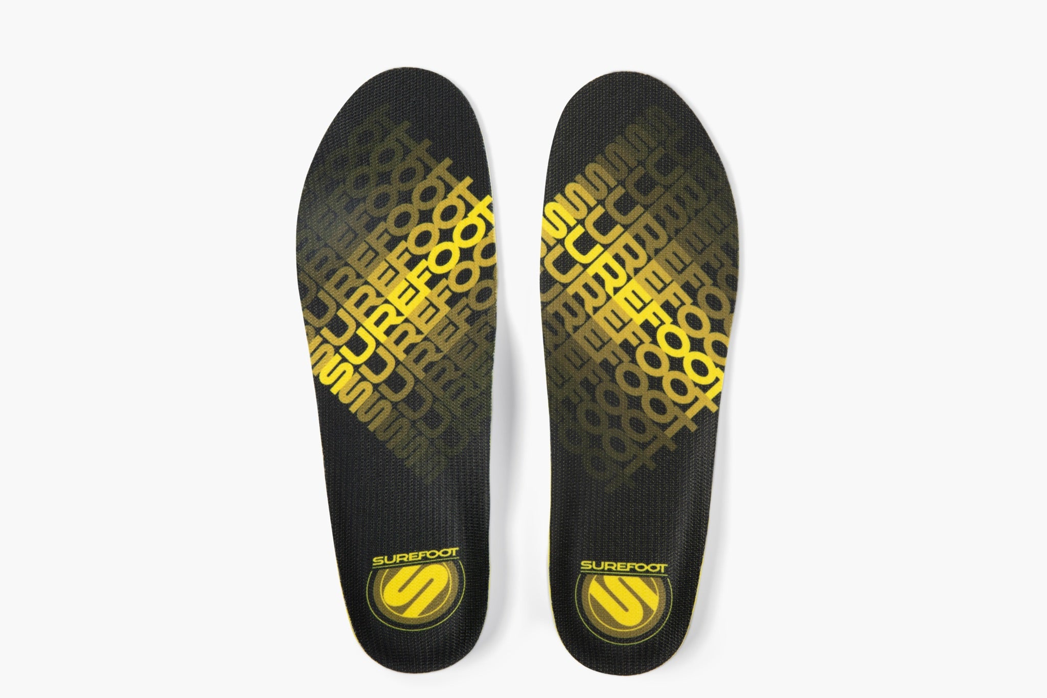 Black and yellow shoe insoles with 'Surefoot' branding on a white background