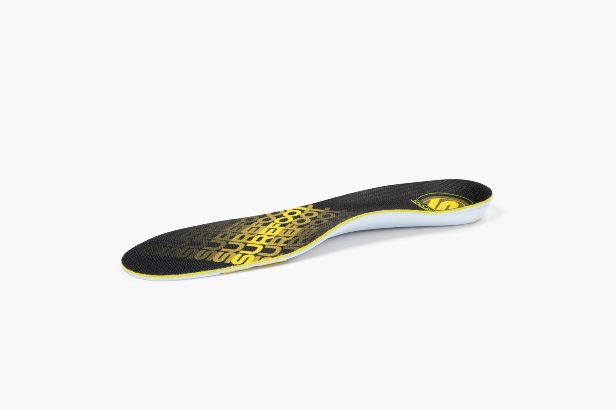 the insole has a lower arch height and the underneath is white and the top is black with yellow branding
